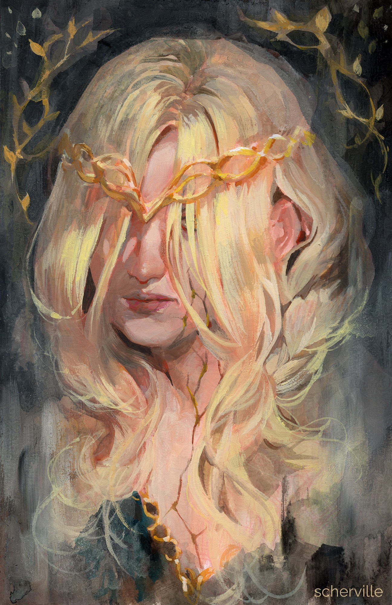 A woman with long blonde hair covering her eyes and a circlet. Queen Marika from Elden Ring.