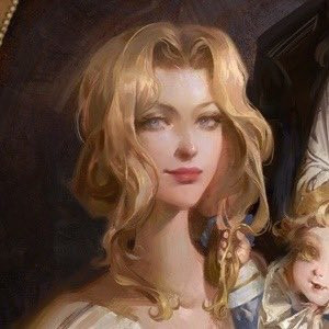 A portrait of Lisa from a later episode of Castlevania. She is holding her infant son and has a knowing smile.