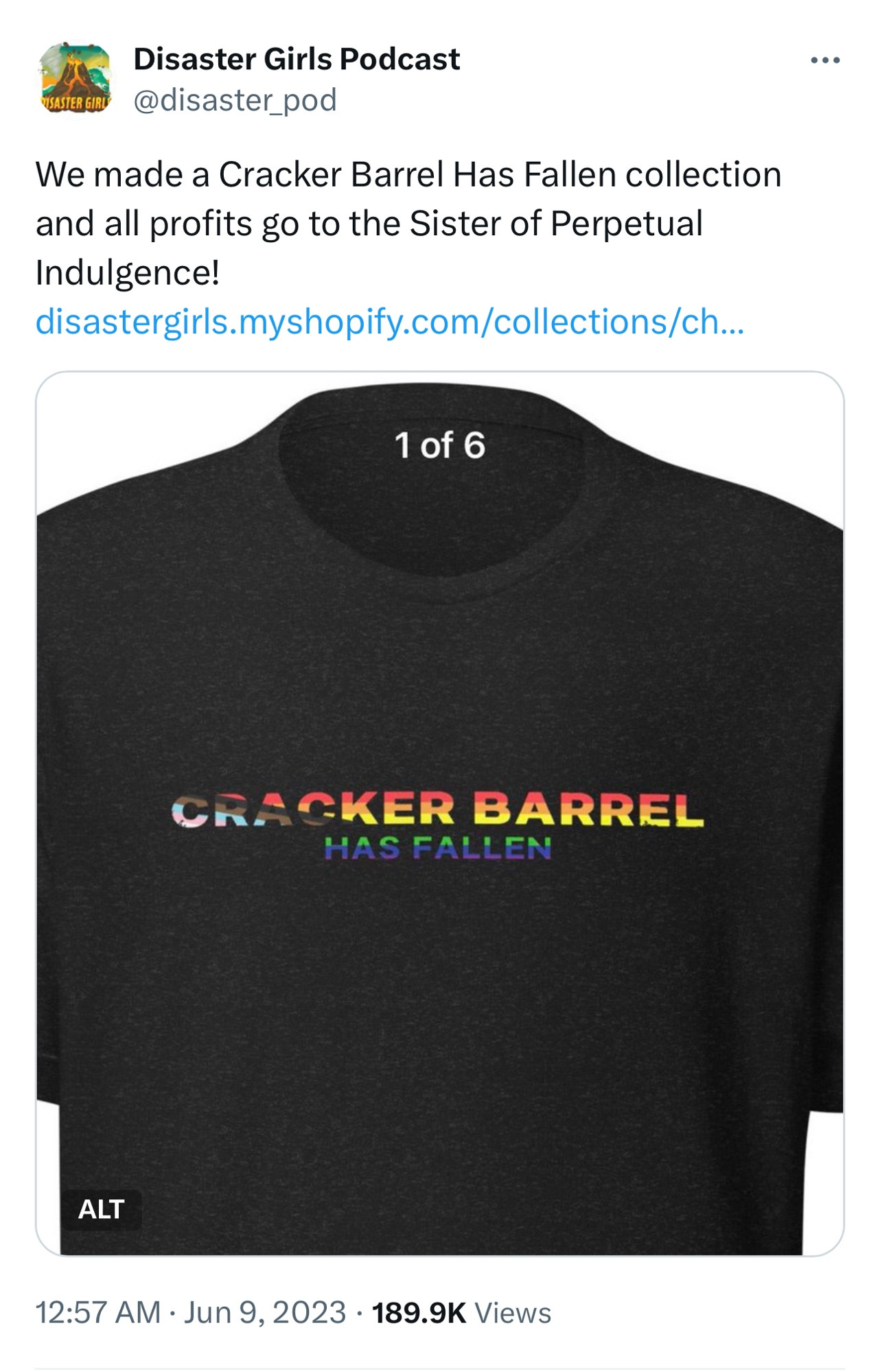 Image of a T-shirt with the text, Cracker Barrel has fallen in the gay pride flag colors. These shorts were made during the first CB drama with DEI. 