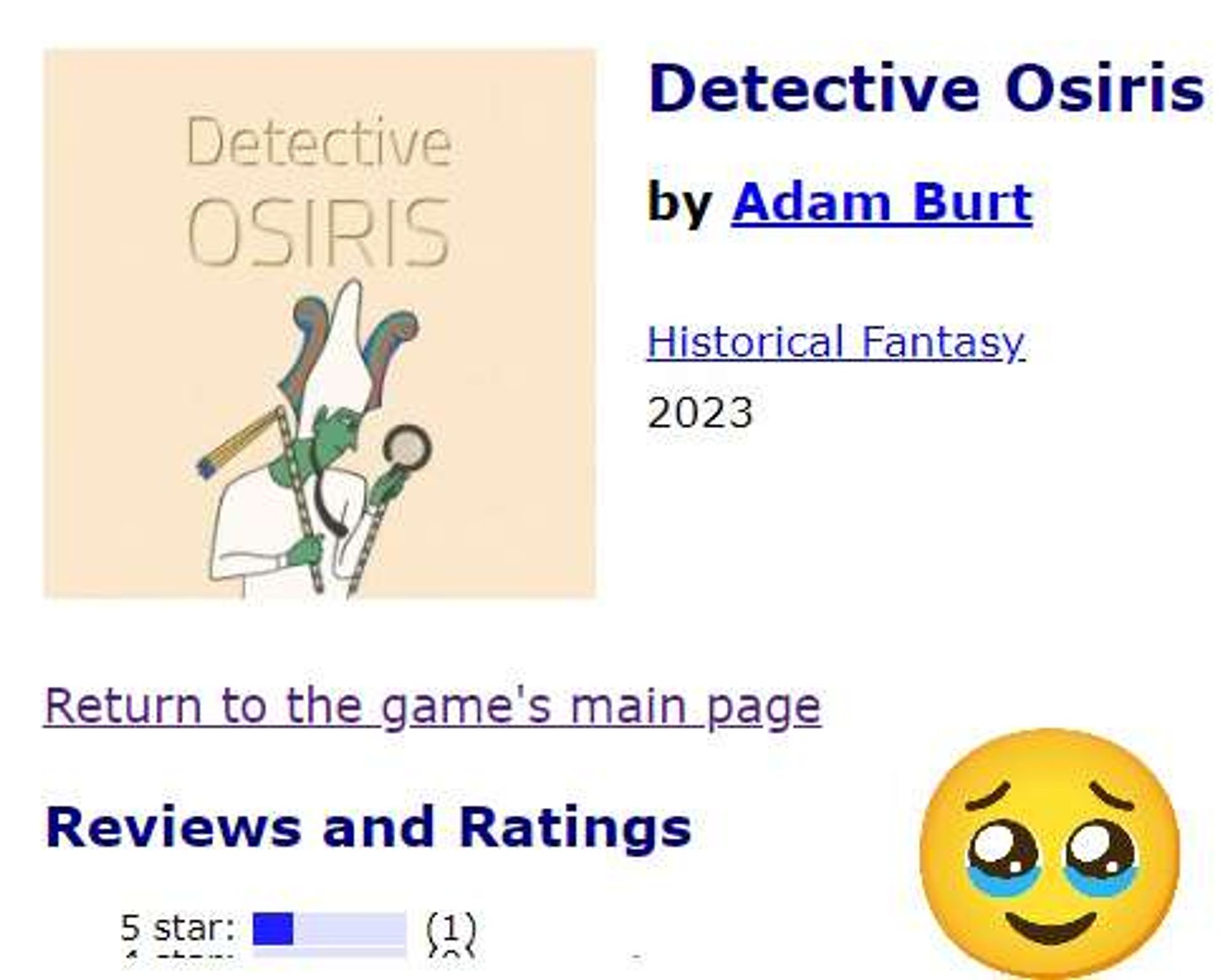 A screenshot of IFDB, showing that Detective Osiris has received a single 5 star rating from someone