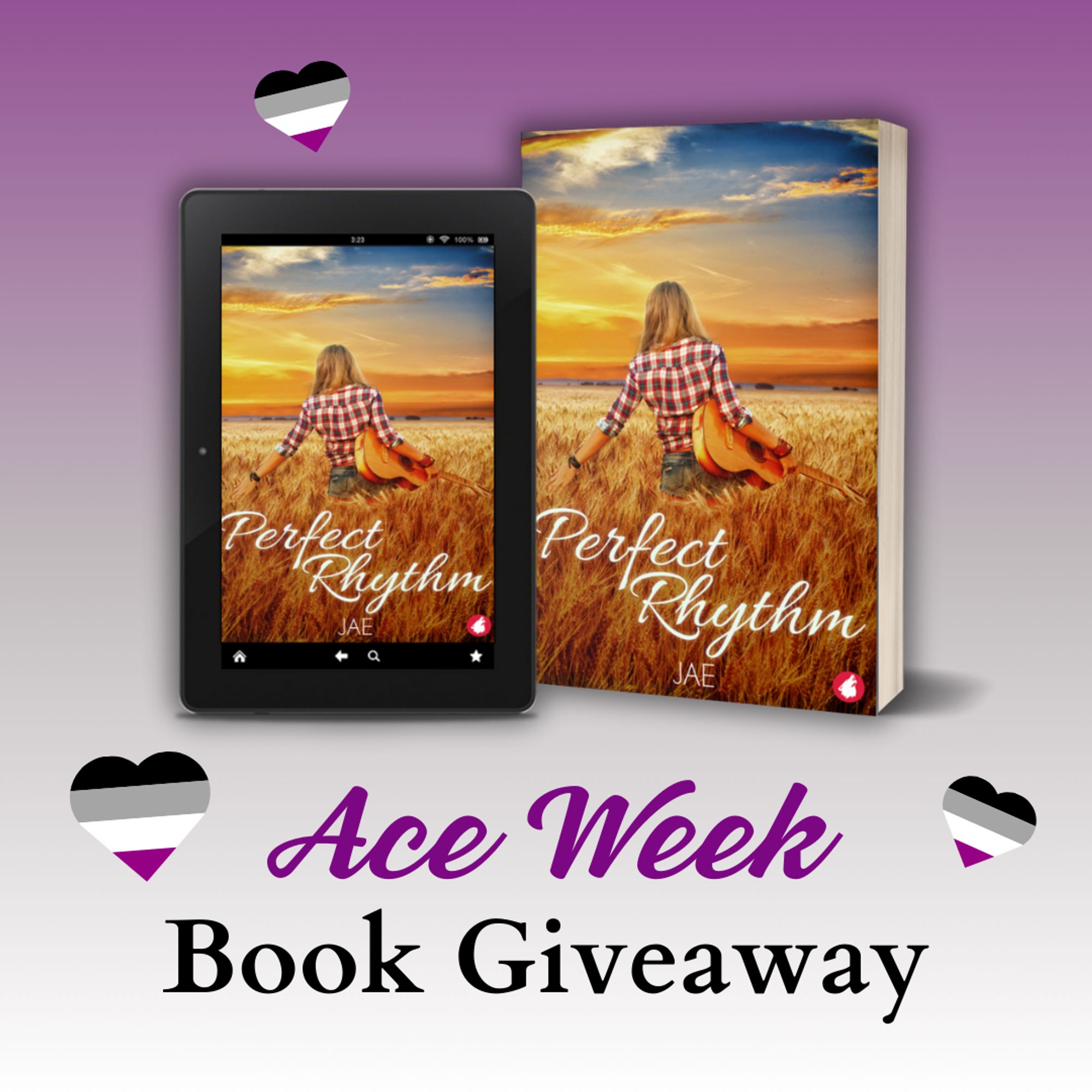 Ace Week Book Giveaway. Depicted is the cover of Perfect Rhythm by Jae, a blonde woman in a wheatfield, holding a guitar, with a sunset background.