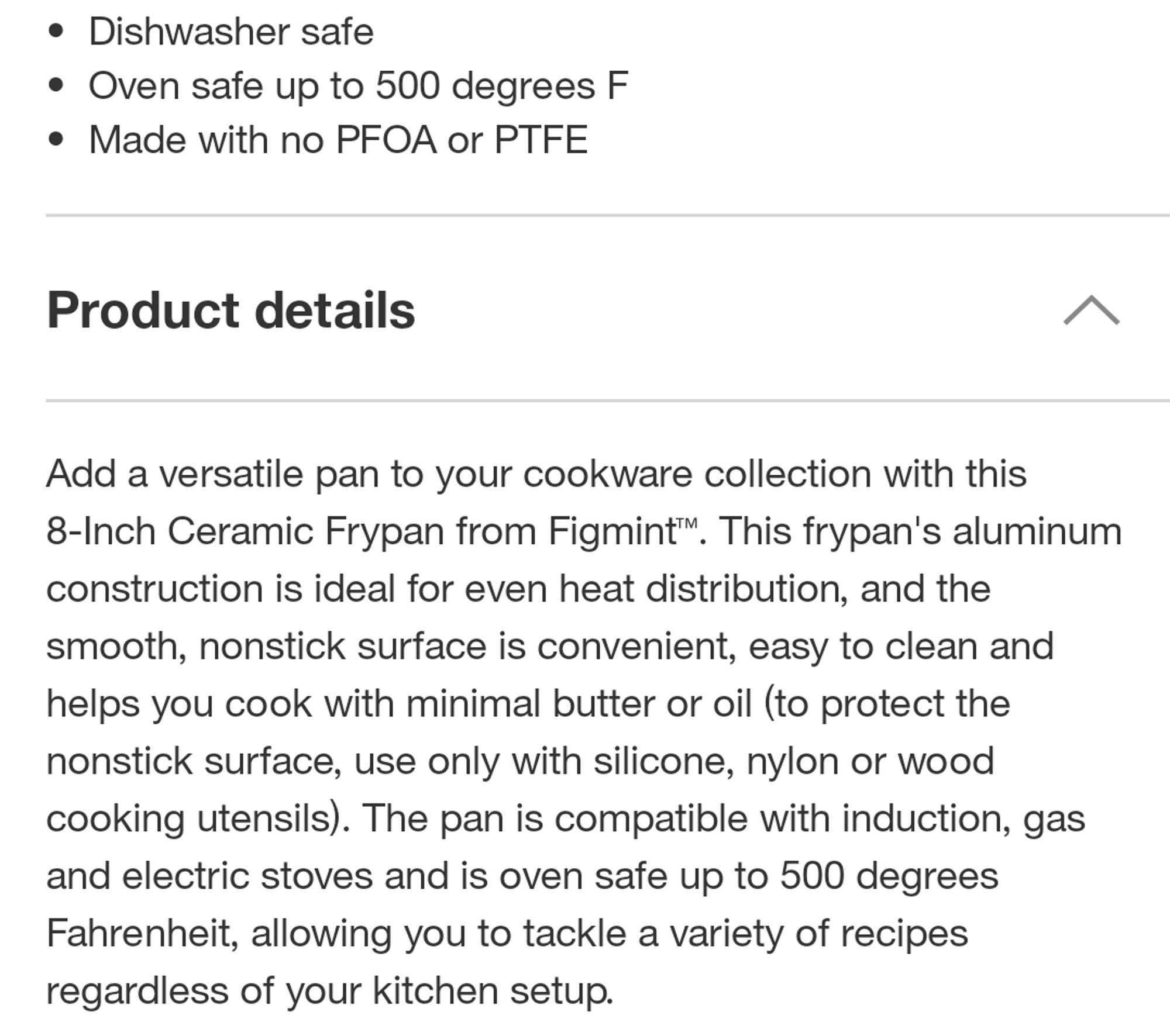 Screenshot of product details for a ceramic pan