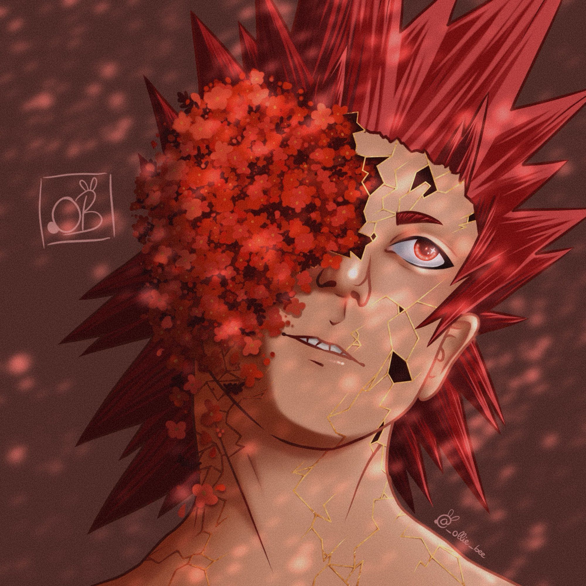 Fanart of Kirishima Eijirou , he has his signature spiky red hair, the left side of his face is cracked open (like a porcelain doll), red flowers and petals are coming out from it, covering a part of his face. The rest of his face, neck and shoulders have golden cracks running through his skin. He’s looking up and to the right though only one of his red eyes is showing.