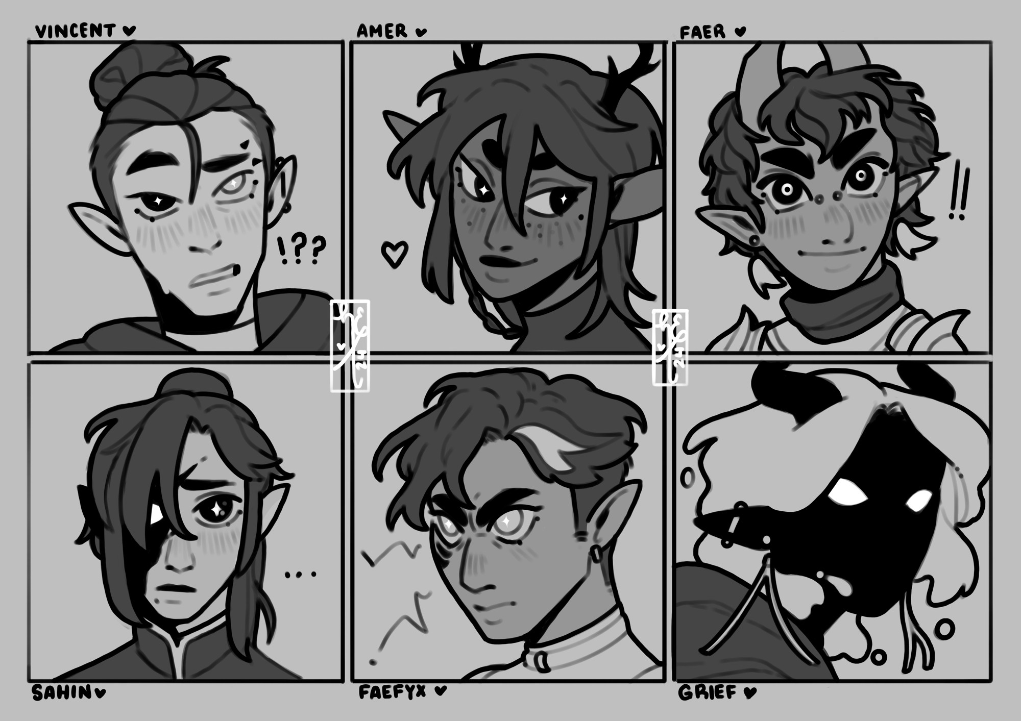 My main ocs! (top - left to right) Vincent, Amer, Faer (bottom - left to right) Sahin, Faefyx, Grief