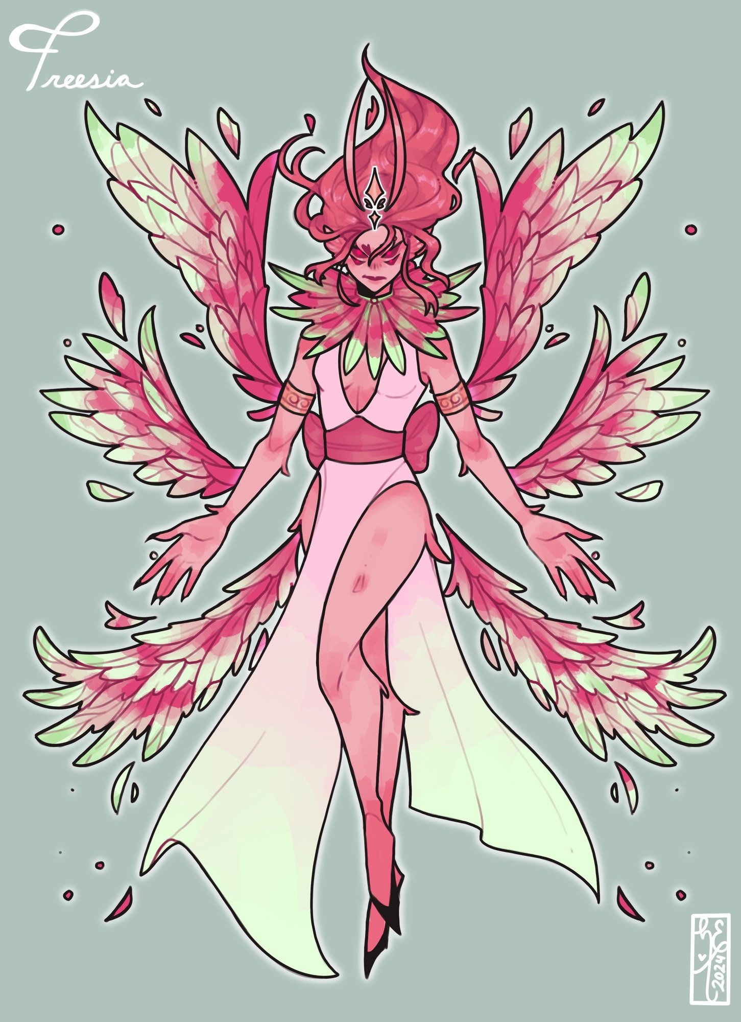 An Archfey known as The Blossom Queen from my personal campaign currently in the Fey realm! Her design is based upon an orchid mantis.