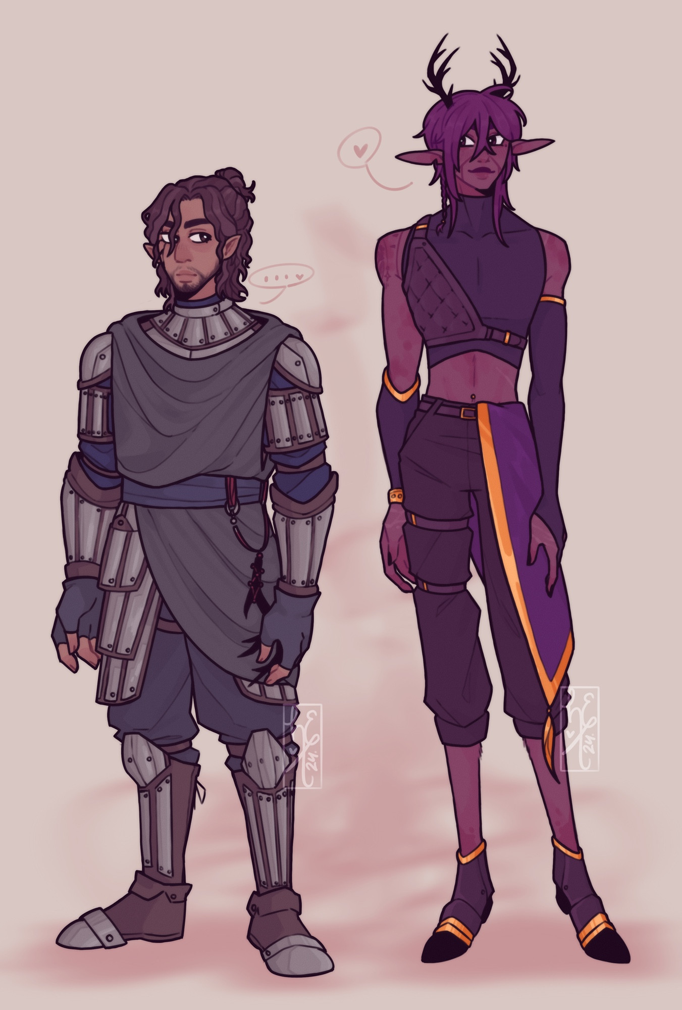 Character designs for two TTRPG characters, on the right is my oc/pc Amer, a faun/satyr beastheart. On the left is his love interest Rinn, a half elven paladin.