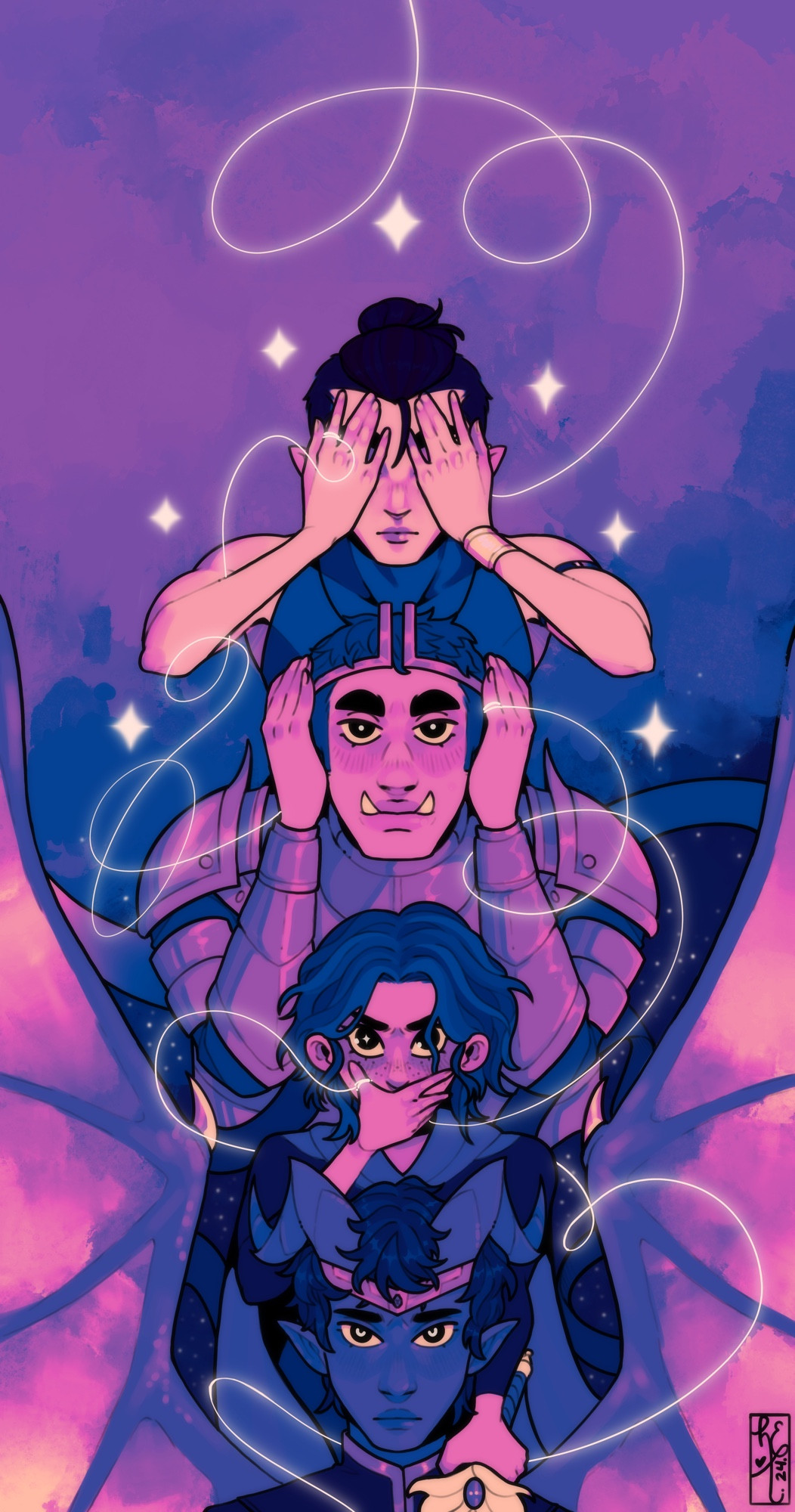 The Archfriends! My dnd party depicted in purple and pink hues, there are two notable motifs— See no evil, Hear no evil, Speak no evil; and the strings of fate that tie them together! (top to bottom) Vincent, Algon, Melissa, Gozan