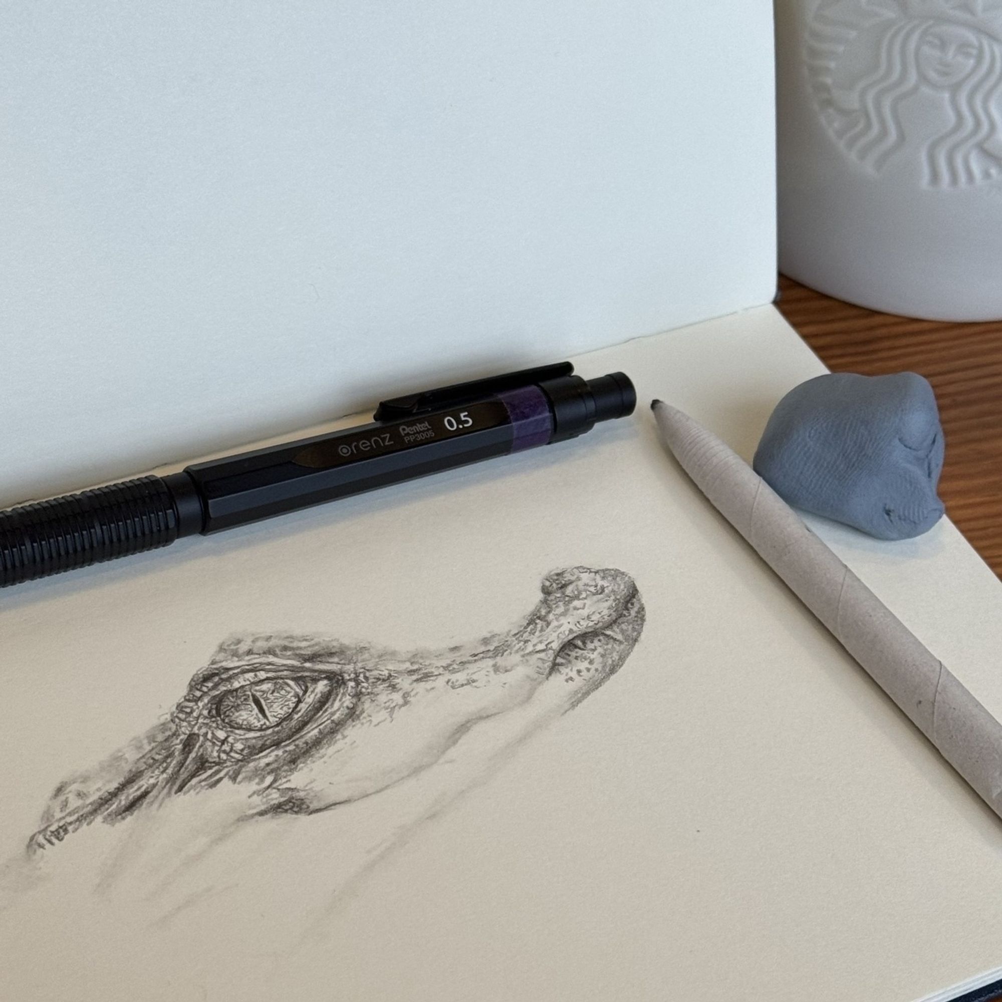 A detailed pencil drawing of a crocodile’s eye and snout is shown on a sketchbook page, accompanied by a mechanical pencil and a blending stump.