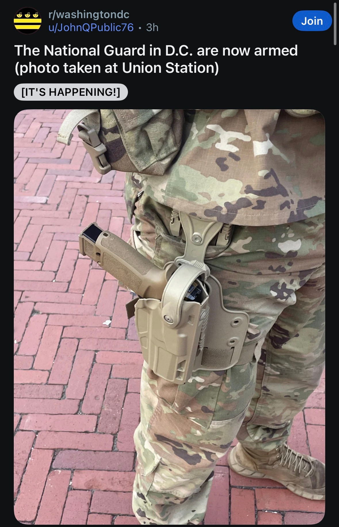 Reddit post showing photo (waist down) of National Guard member in fatigues with a pistol in its side holster. Caption reads: The National Guard in D.C. are now armed (photo taken at Union Station)