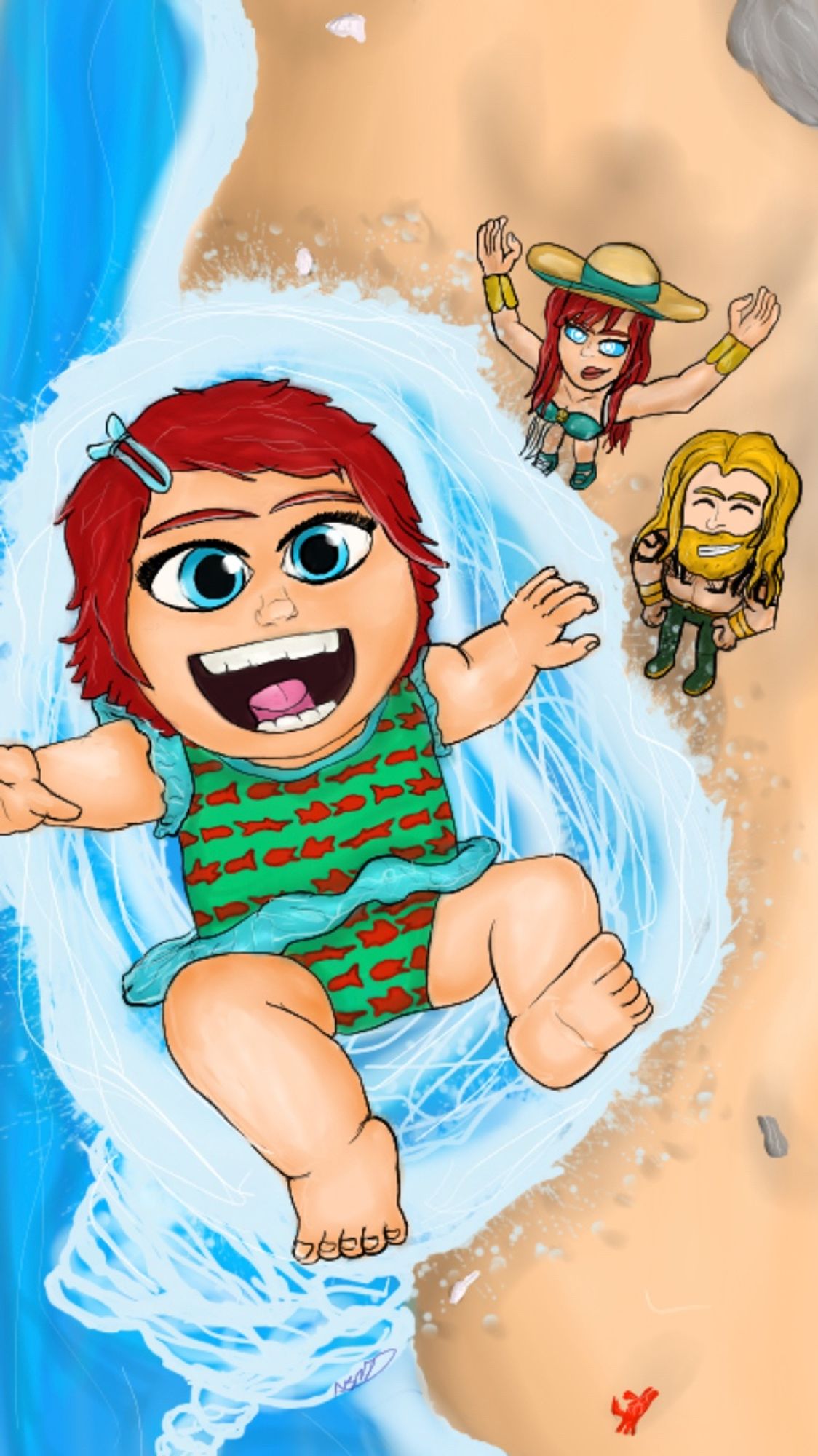 Andy Curry having fun on the beach with her parents Mera and Aquaman