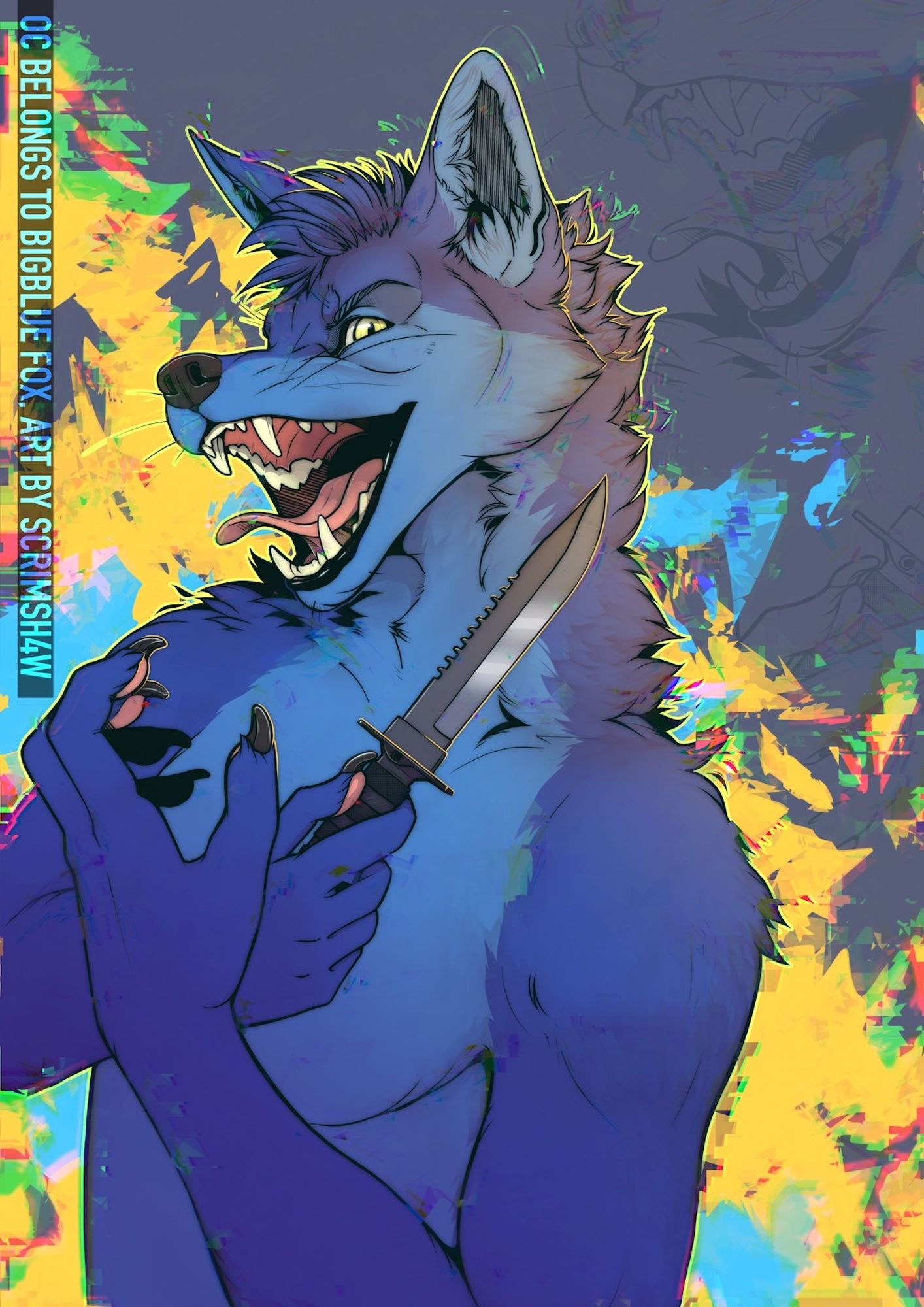 An anthropomorphic red fox. Visible: half of the body. His fur color is dark blue. He is looking to the viewer with a hungryor predatory look while showing his teeth and tongue. In his right hand he is holding a knife. The background is fractal. There is a glitch effect on the whole piece.