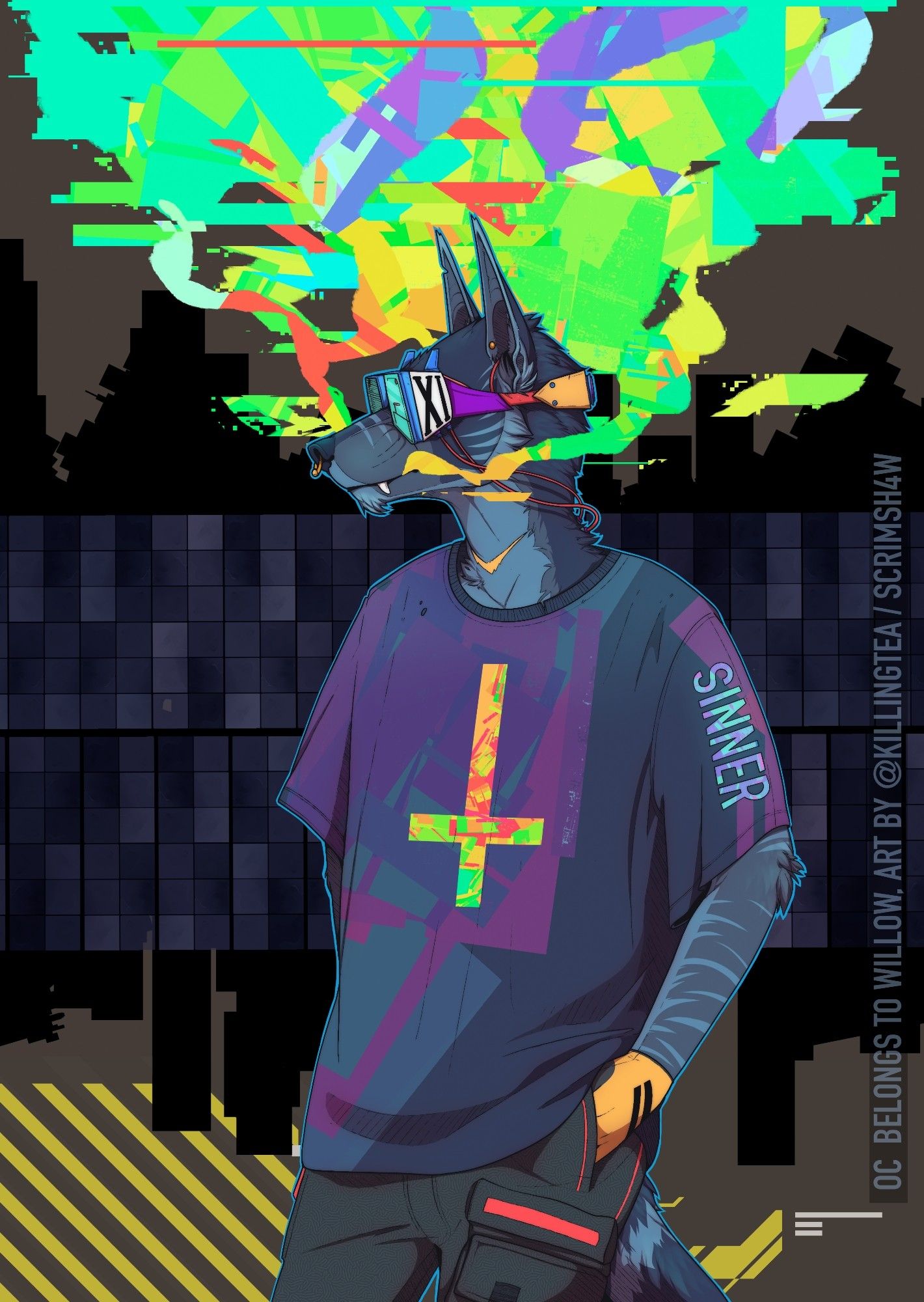 An anthropomorphic canid. He is wearing some sort of a VR device. Colorful smoke is leaving his muzzle. It appears slightly glitched. He is also wearing a boxed and oversized t-shirt with the word sinner on one of ther sleeves. On the front side of the t-shirt is a huge upside-down cross. He is looking to the side. His hands are in his trouser pockets. The background is abstract with geometrical shapes.