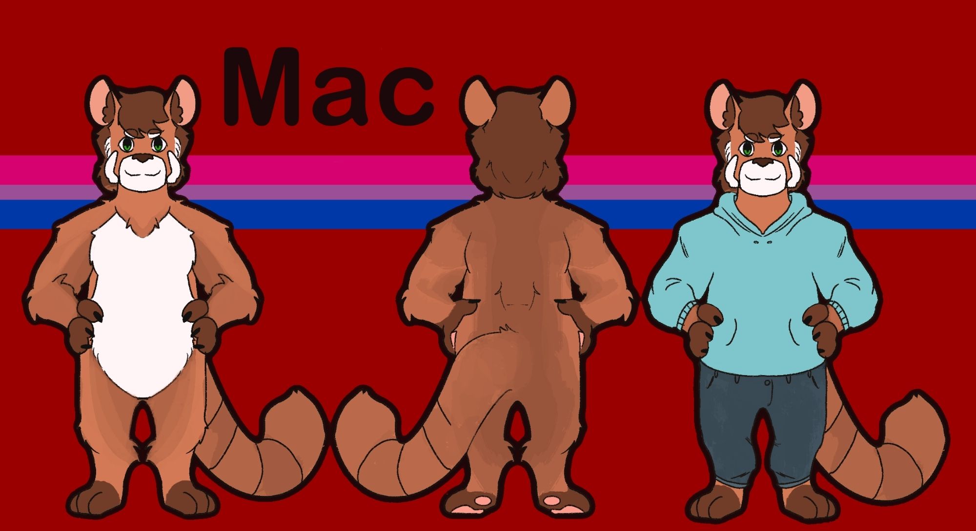 Reference sheet showing front, back, and clothed shots of Mac the Red panda, with a bisexual stripe in the background.