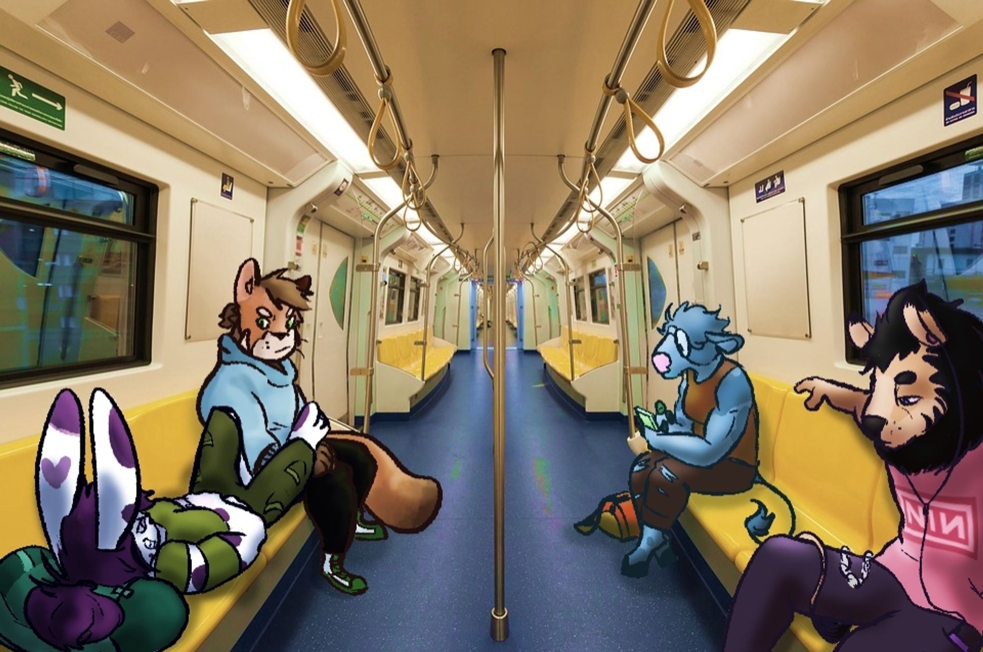 Image of Mac and three friends riding a train. Max is annoyed because his rabbit friend Noelle is lying down and kicking him.