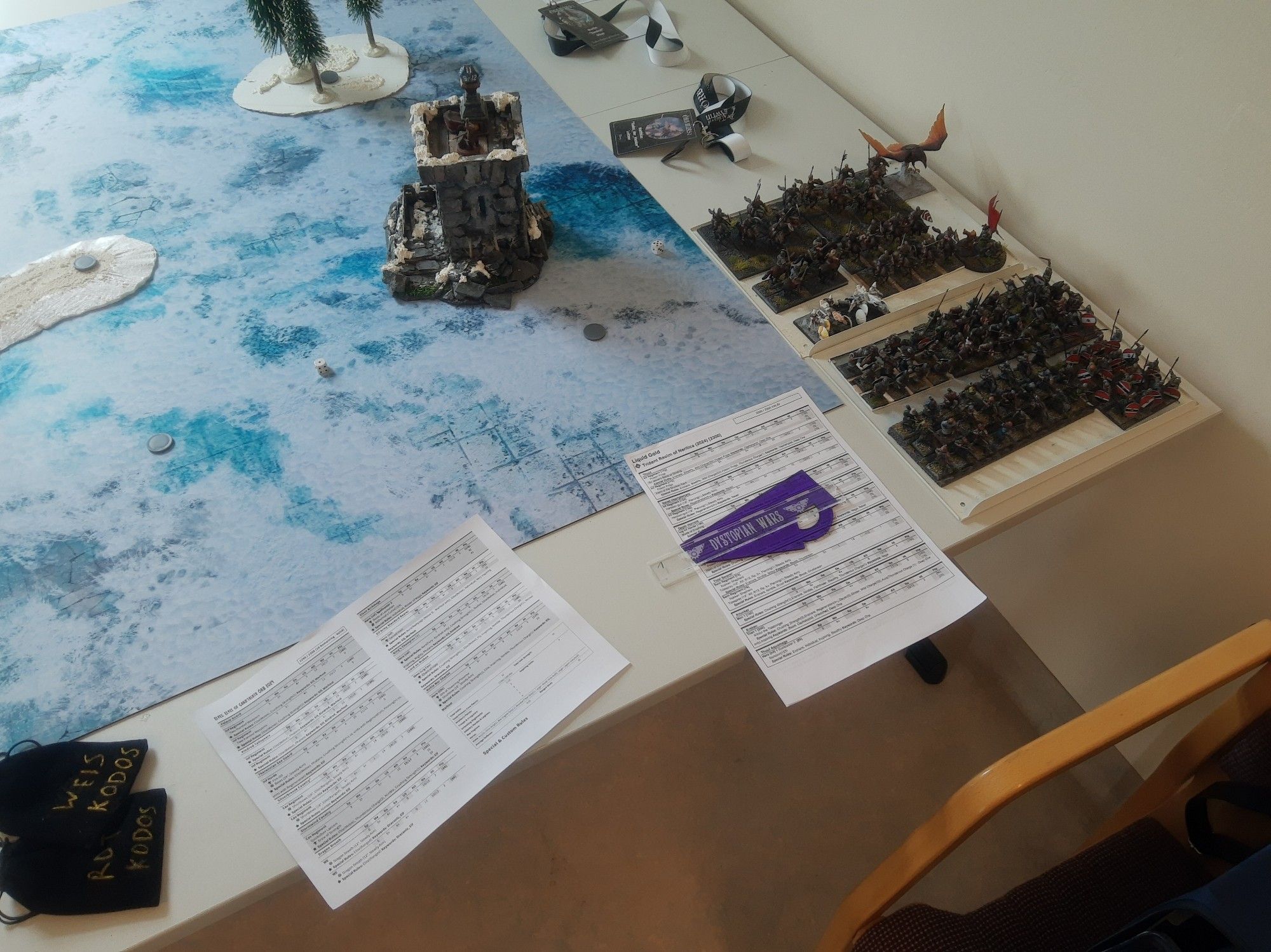 Gaming table with a mat marking the field and extra place for your stuff