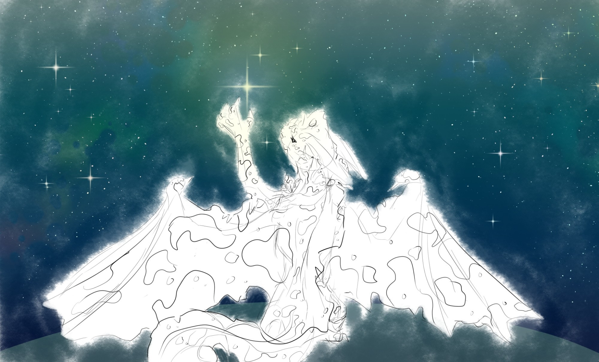 A drawing of Gila, a sandwing dragon covered in spots sitting with their back to the viewer reaching towards a bright star. Gila is in a black and white and very sketchy in contrast to the brightly colored  star filled night sky surrounding them