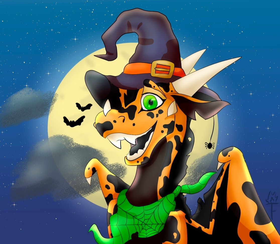 Gila, an orange and black spotted sandwing dragon wearing a witches hat, and a spider themed bandana in front of a full moon. A spider hangs from their ear and there are bats against the moon.