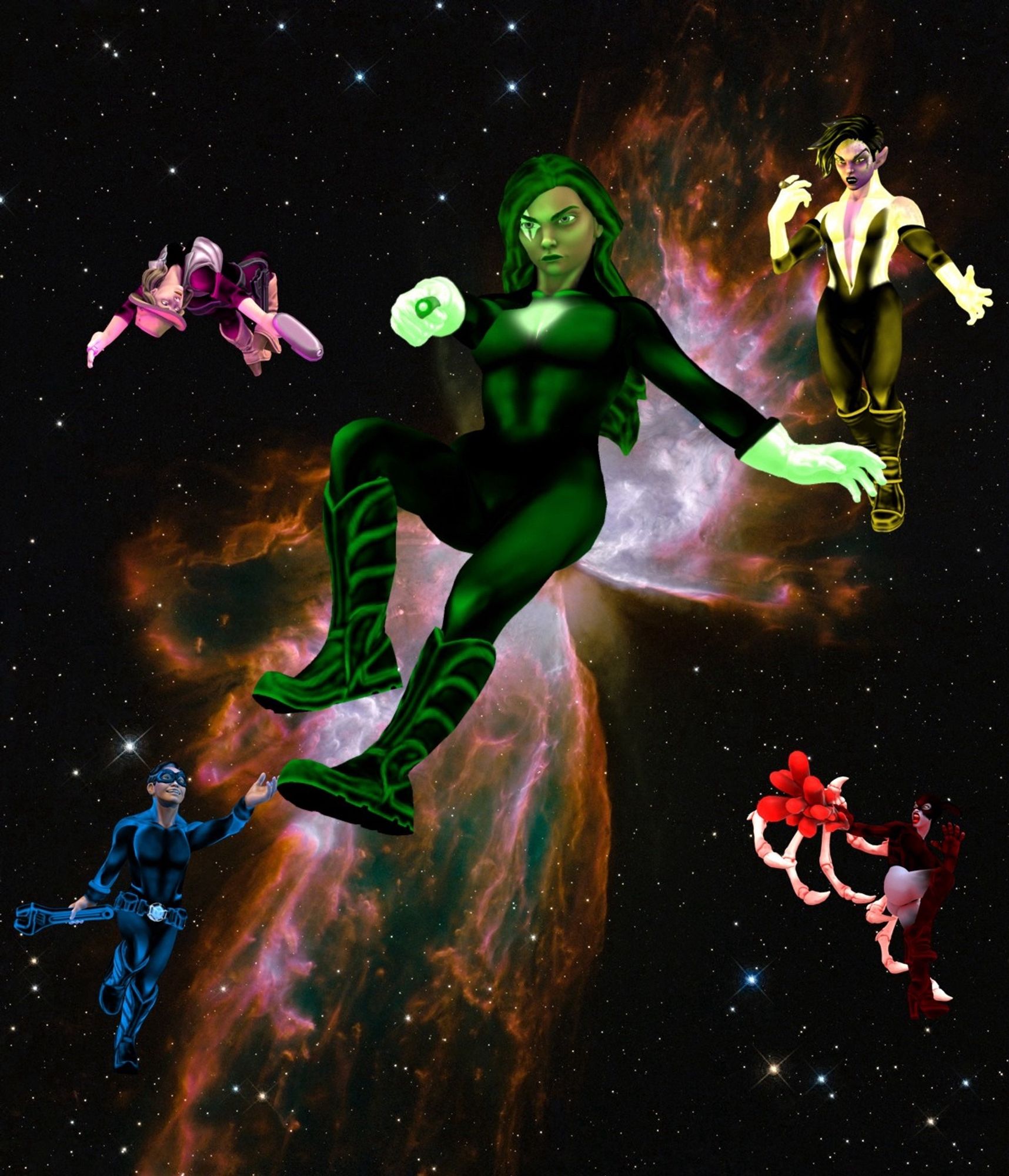 Hero Forge images of Green, Violet, Yellow, Blue, and Red Lanterns battling against a cool Hubble background