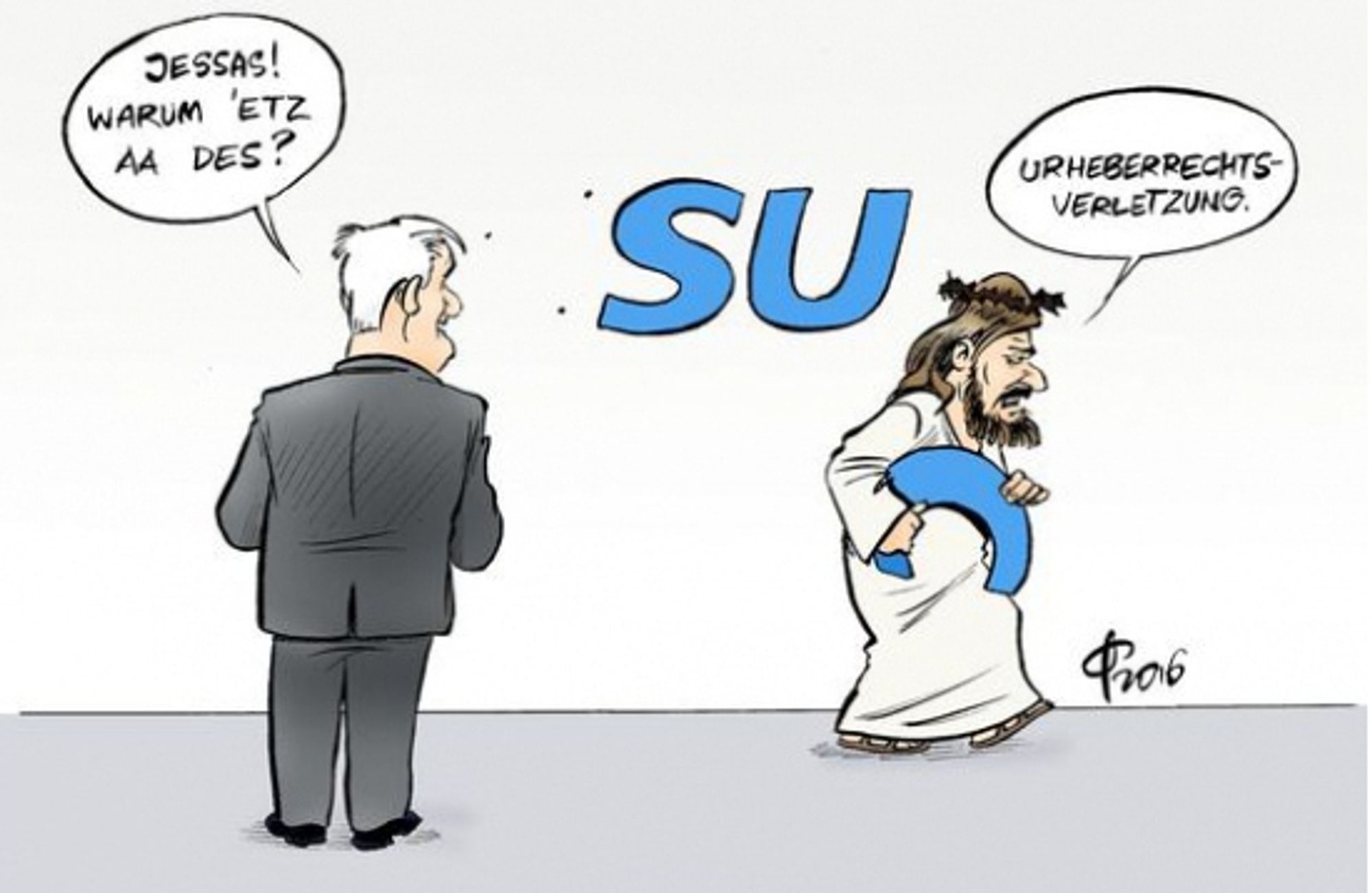 Das Bild ist eine Karikatur mit zwei Figuren. Links steht eine Person, die vom Betrachter abgewandt ist und in einer Sprechblase sagt: “JESSAS! WARUM ETZ AA DES?” Rechts ist eine andere Figur in Bewegung, deren Sprechblase “SU” und ein weiteres Wort enthält, das mit einem braunen Rechteck mit der Aufschrift “URHEBERRECHTSVERLETZUNG”