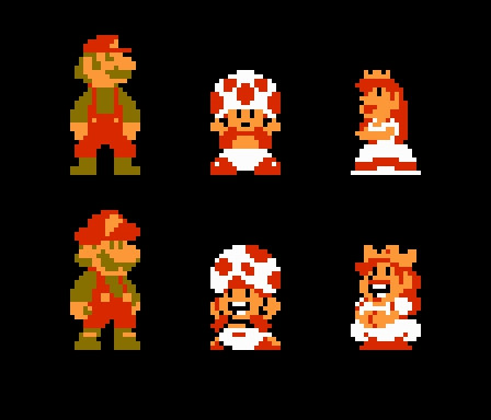 Six sprites shown, first three are Mario, Toad and Peach as they appear on SMB1 for the NES. On the bottom there are re-sprites of each character in a different style, Toad and Peach have more exaggerated expressions