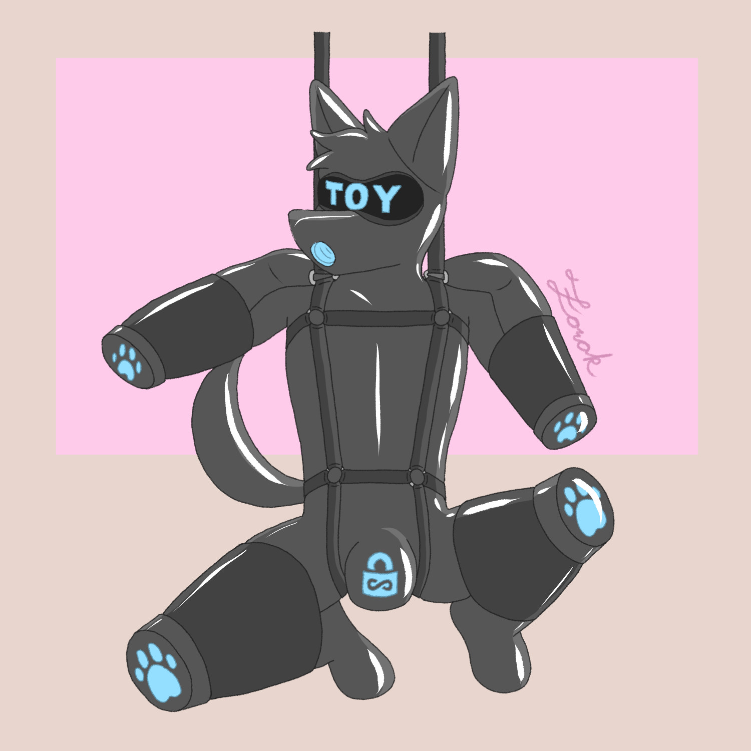 Wolf sealed in a full latex bitchsuit/toysuit with nullbulge and mouth sheath. suspended by rubber straps. Visor say "TOY"