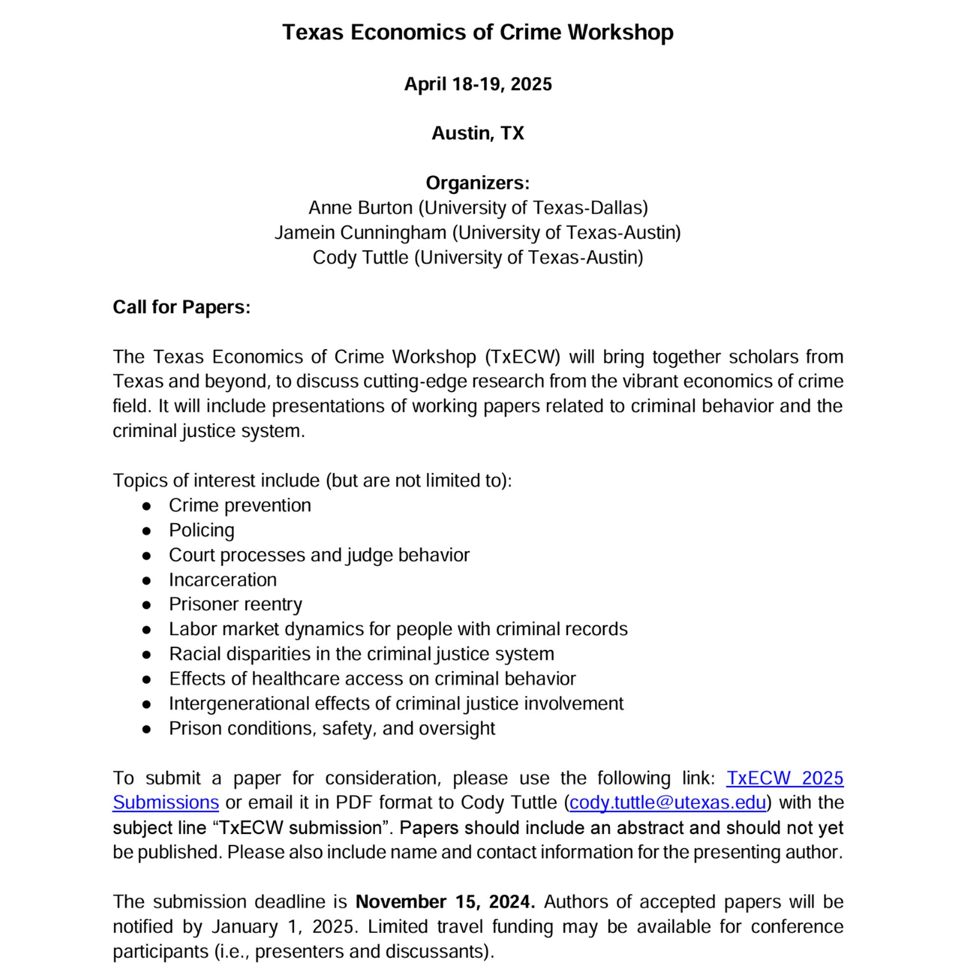 Call for papers for TxECW. Available at http://www.jameinpcunningham.com/txecw-2025.html