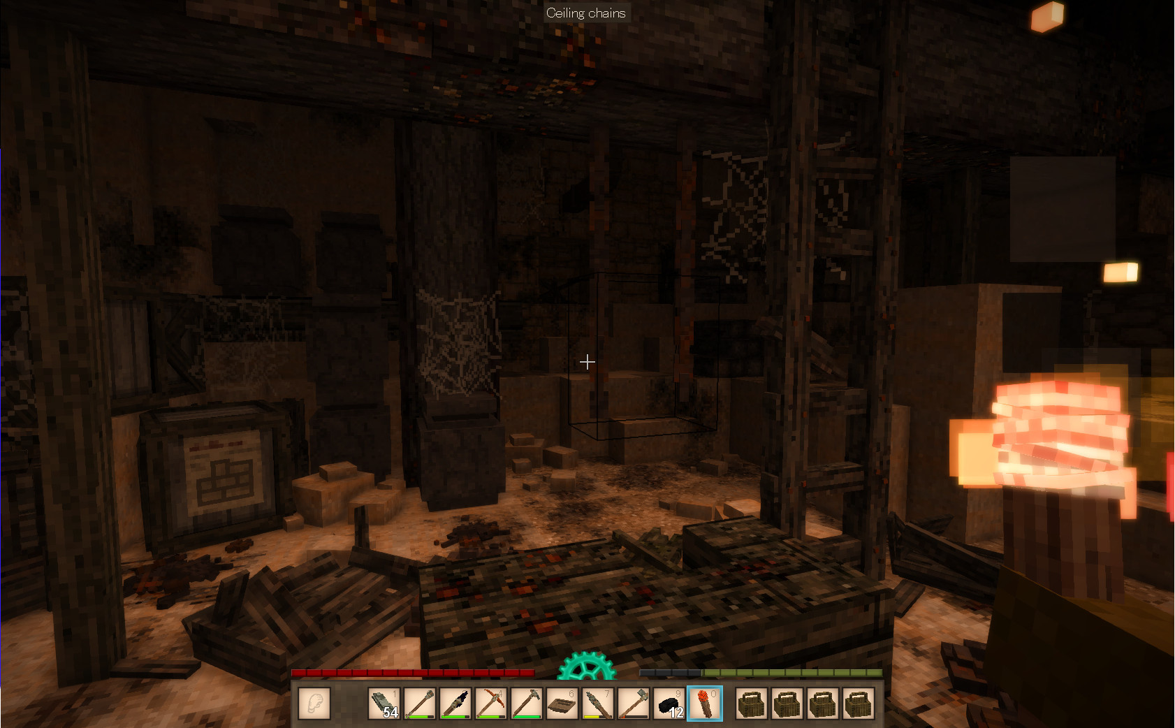 A ruined cellar full of rusted iron and aged wood with crates and pots everywhere. It's from the game Vintage Story. 