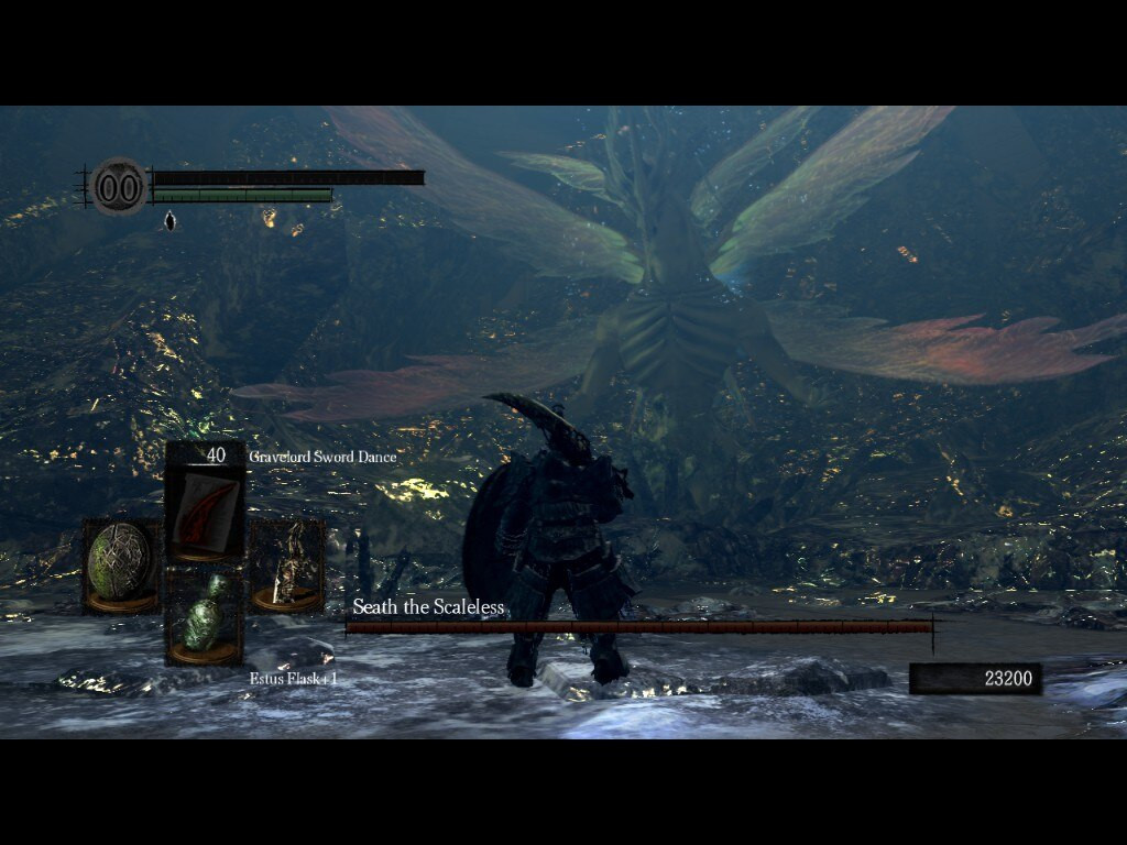 A screenshot of Dark Souls. The player has no health to speak of and has no heals remaining, but they are facing a boss that is a scripted death while wearing a ring that prevents loss of resources on death.