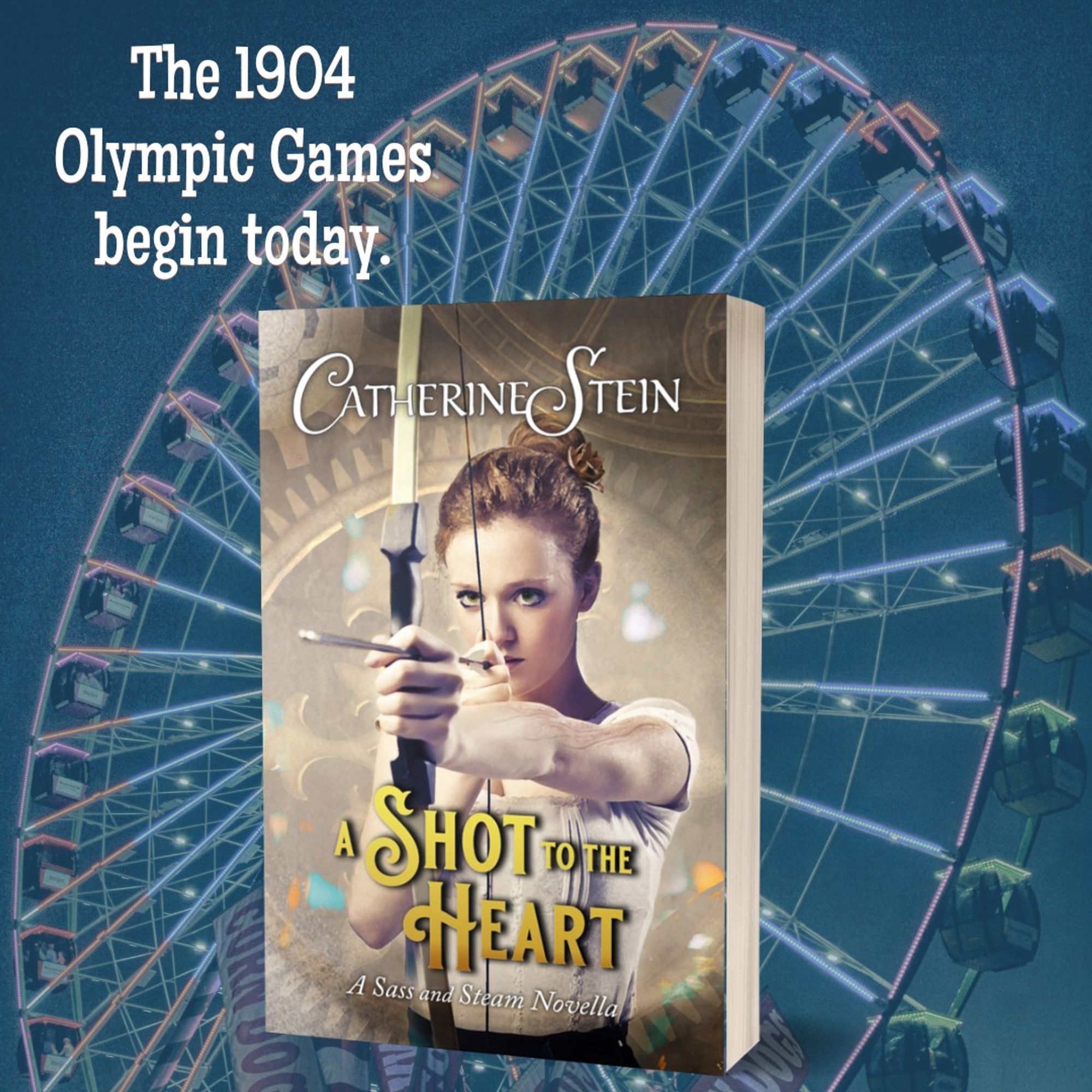 Background of a large Ferris Wheel with a paperback of A Shot to the Heart in front of it and the caption "The 1904 Olympic Games begin today."