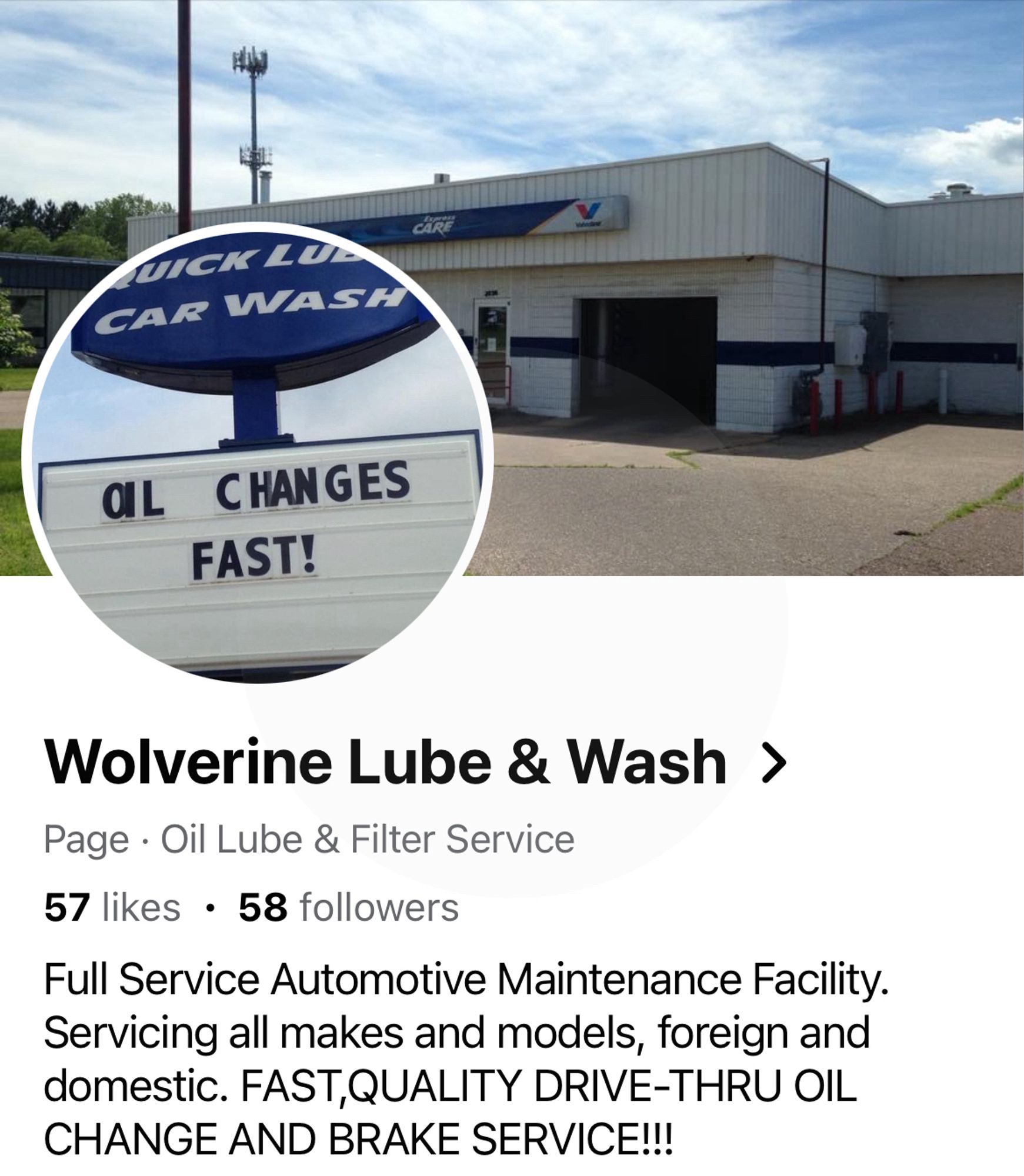 Facebook page for an auto maintenance business called Wolverine Lube & Wash