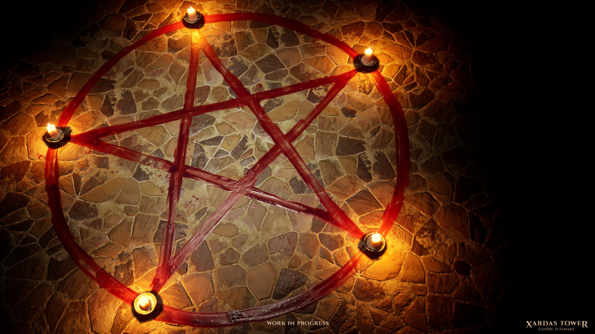 A screenshot of a pentagram made out of blood on the stone floor. On each tip of the pentagram, there is a lit candle placed