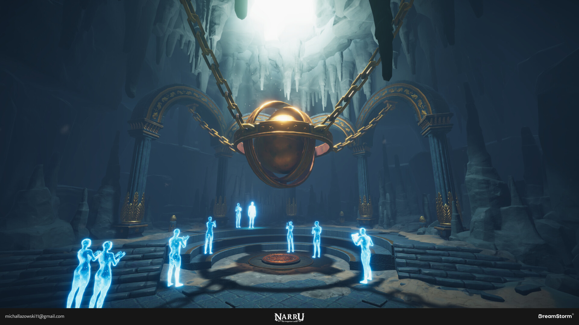 This screenshot from a game represents a huge metal ball chained to the ceiling in the cavern. Underneath there are echoes of people represented in a blue ghost-like scenario. 