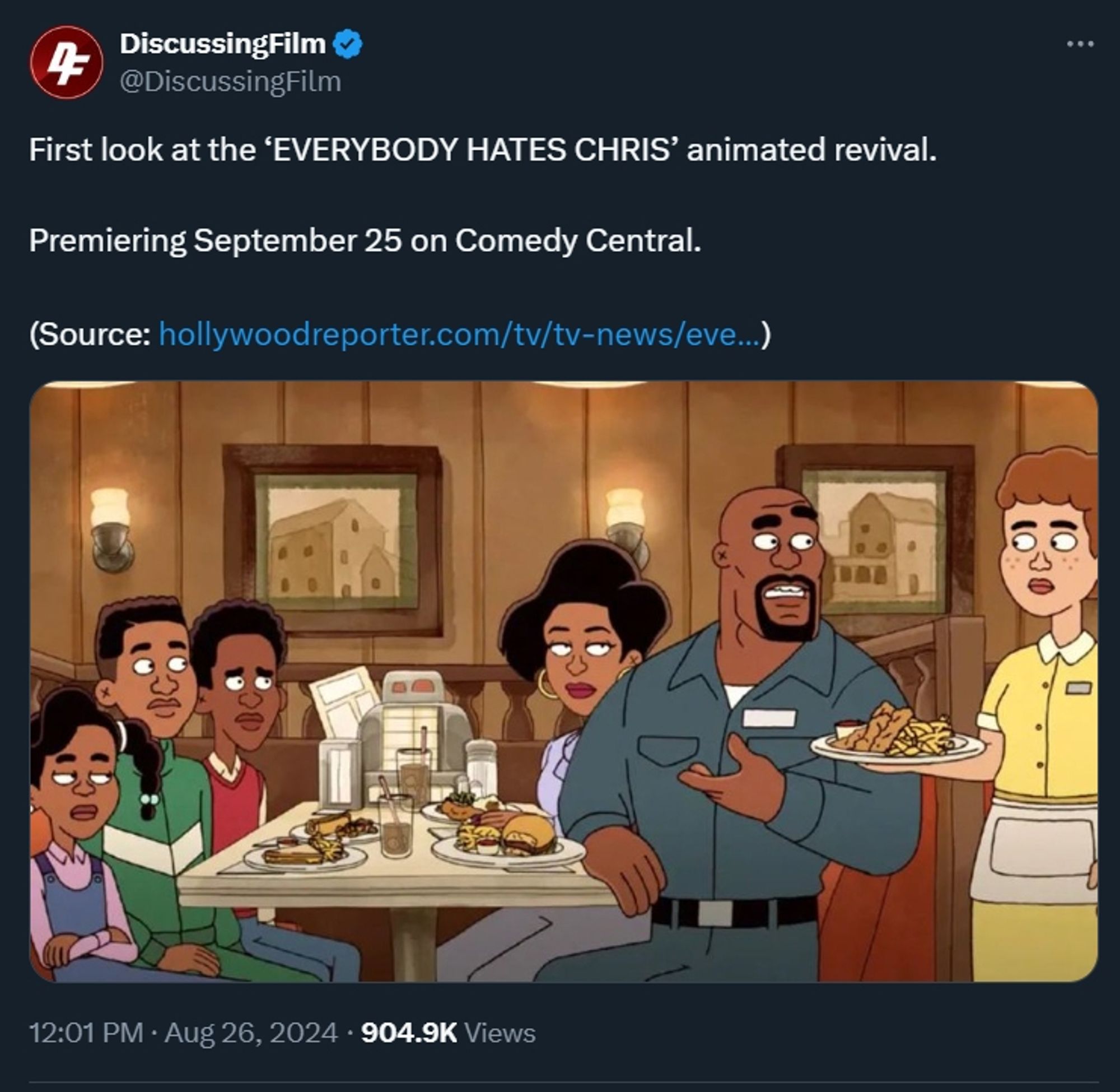 a screenshot of a tweet announcing an "everybody hates chris" animated revival done in the typical family guy derivative adult cartoon style