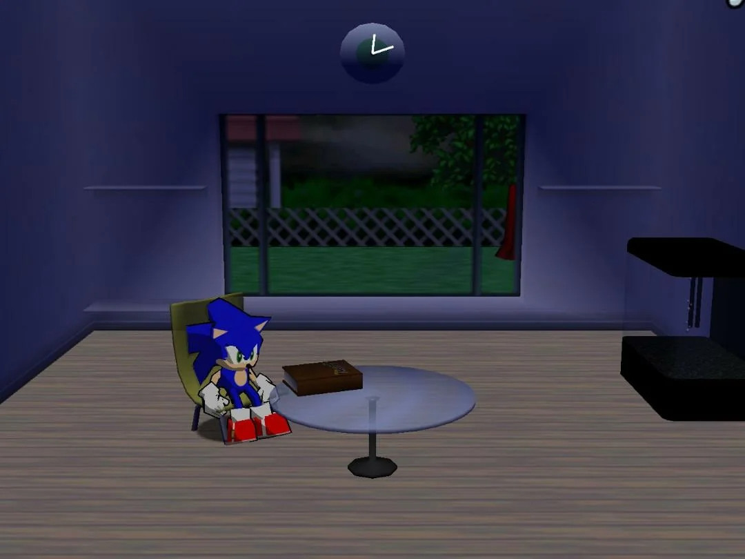 a picture of "Sonic's House" from Sonic Shuffle for Dreamcast in it's initial state. Sonic sits in a yellow chair in a plain, undecorated, empty room with only a a table, a book, an empty fish tank, and a clock. He blankly stares into space thinking God knows what