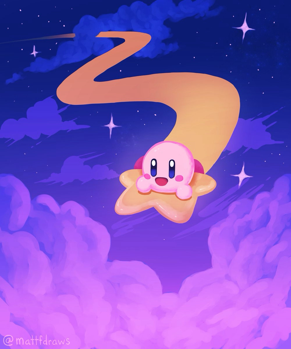 A digital painting of kirby riding on a star through the clouds in a starry night sky