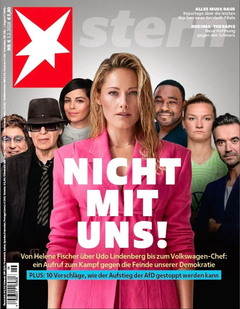 Stern-Cover „nicht mit uns“ mit Prominenten, die zum „Kampf gegen die Feinde unserer Demokratie“ aufrufen. Darunter die Ankündigung von „10 Vorschlägen, wie der Aufstieg der AfD gestoppt werden kann.“