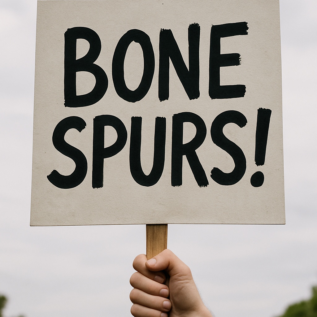 A hand holding a sign which says “BONE SPURS!”
