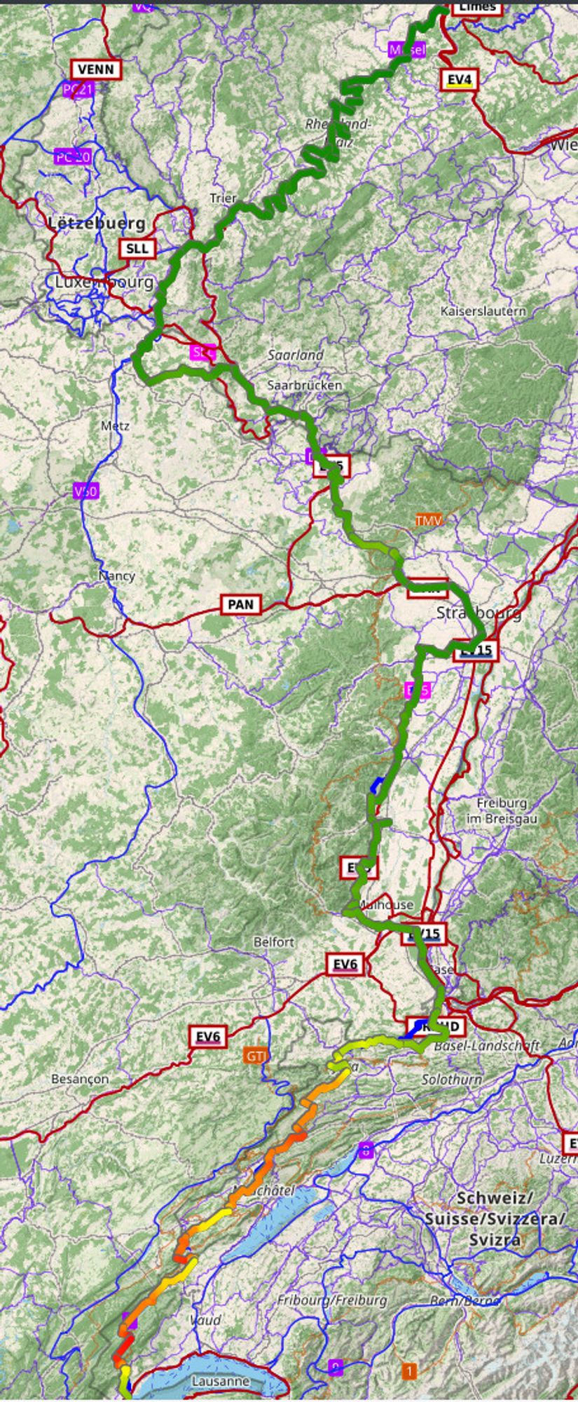 carte d'un itinéraire vélo entre coblence en allemagne et nyon en Suisse.