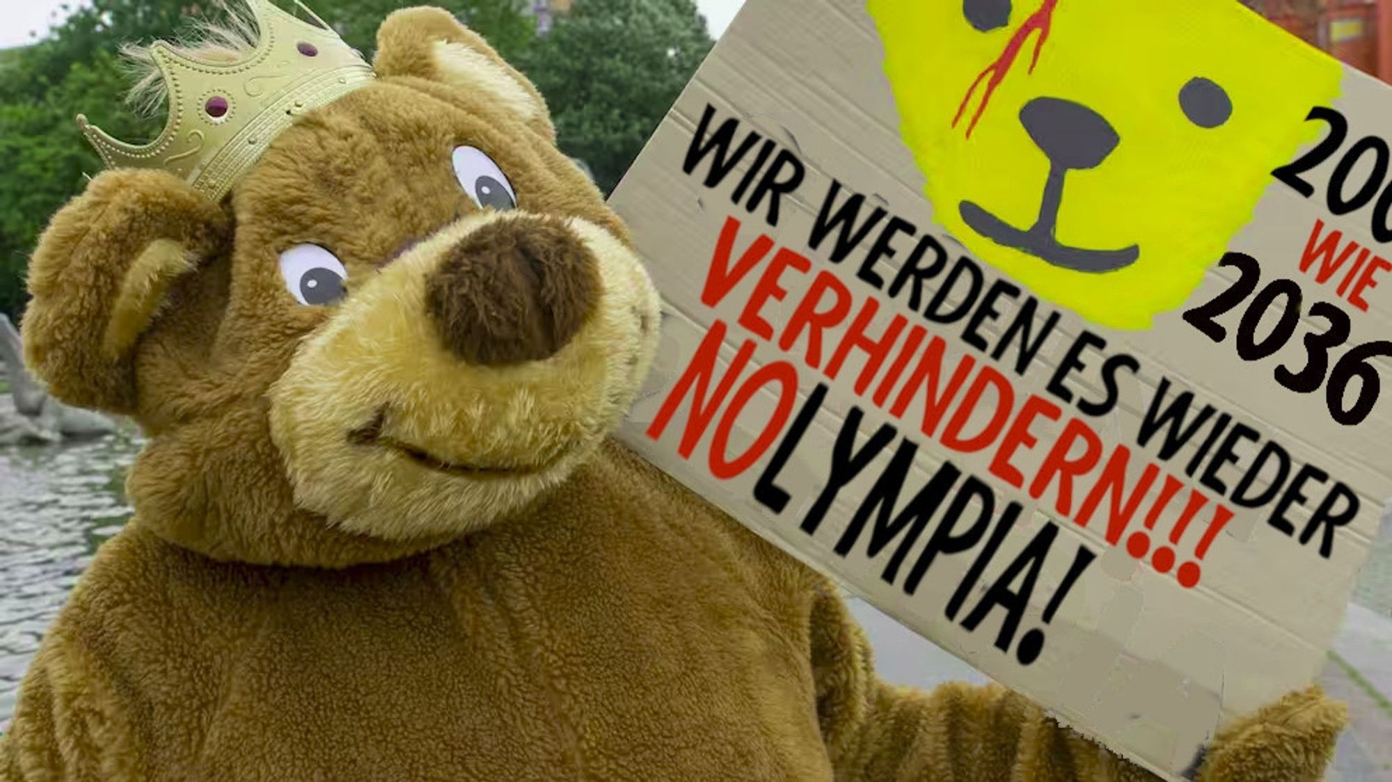 Ein Bär mit nolympia-plakat: Wir werden es wieder verhindern