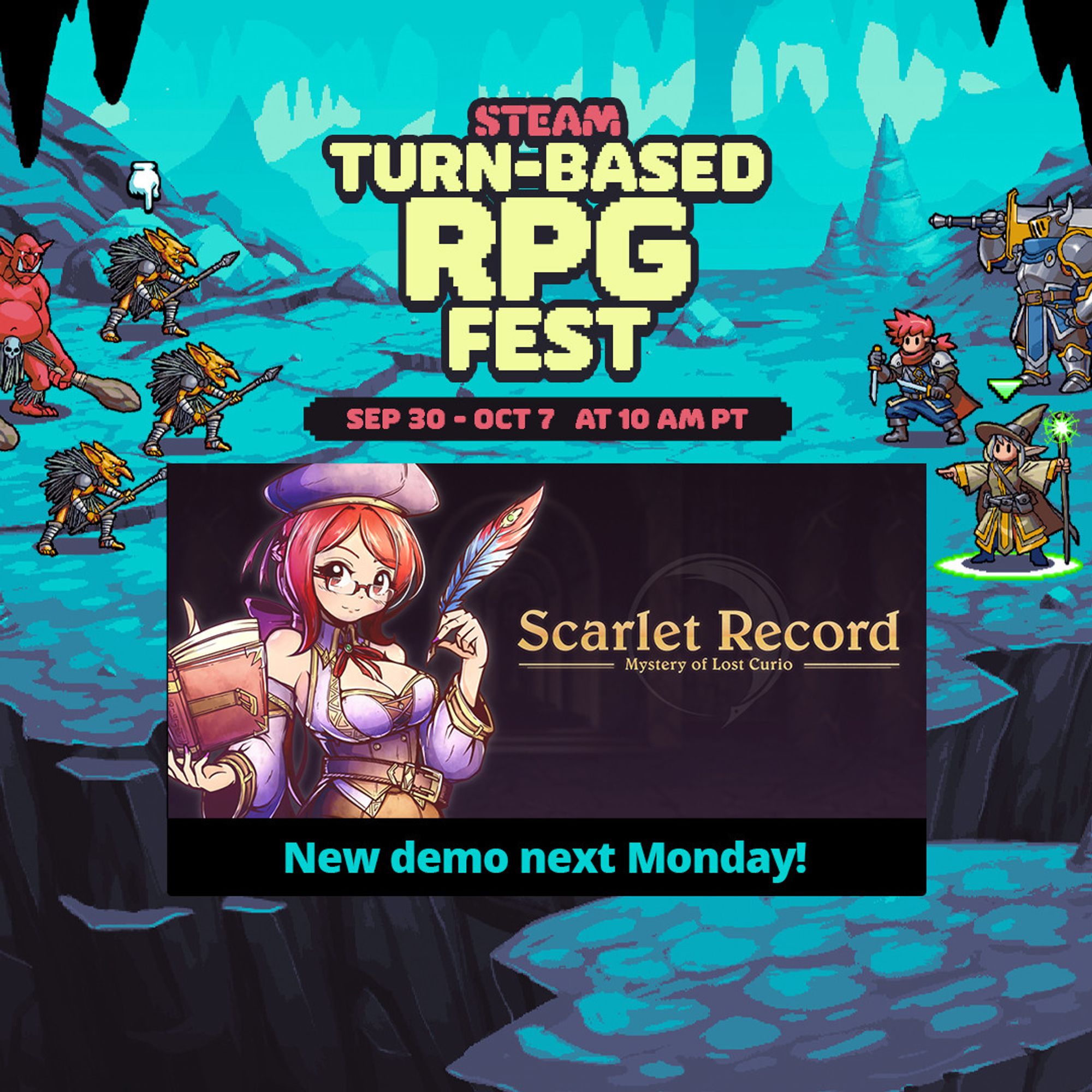 A poster with caption of "Steam Turn Based RPG Fest" and the event date, September 30 to October 10, 2024, accompanied with a capsule art of game Scarlet Record.