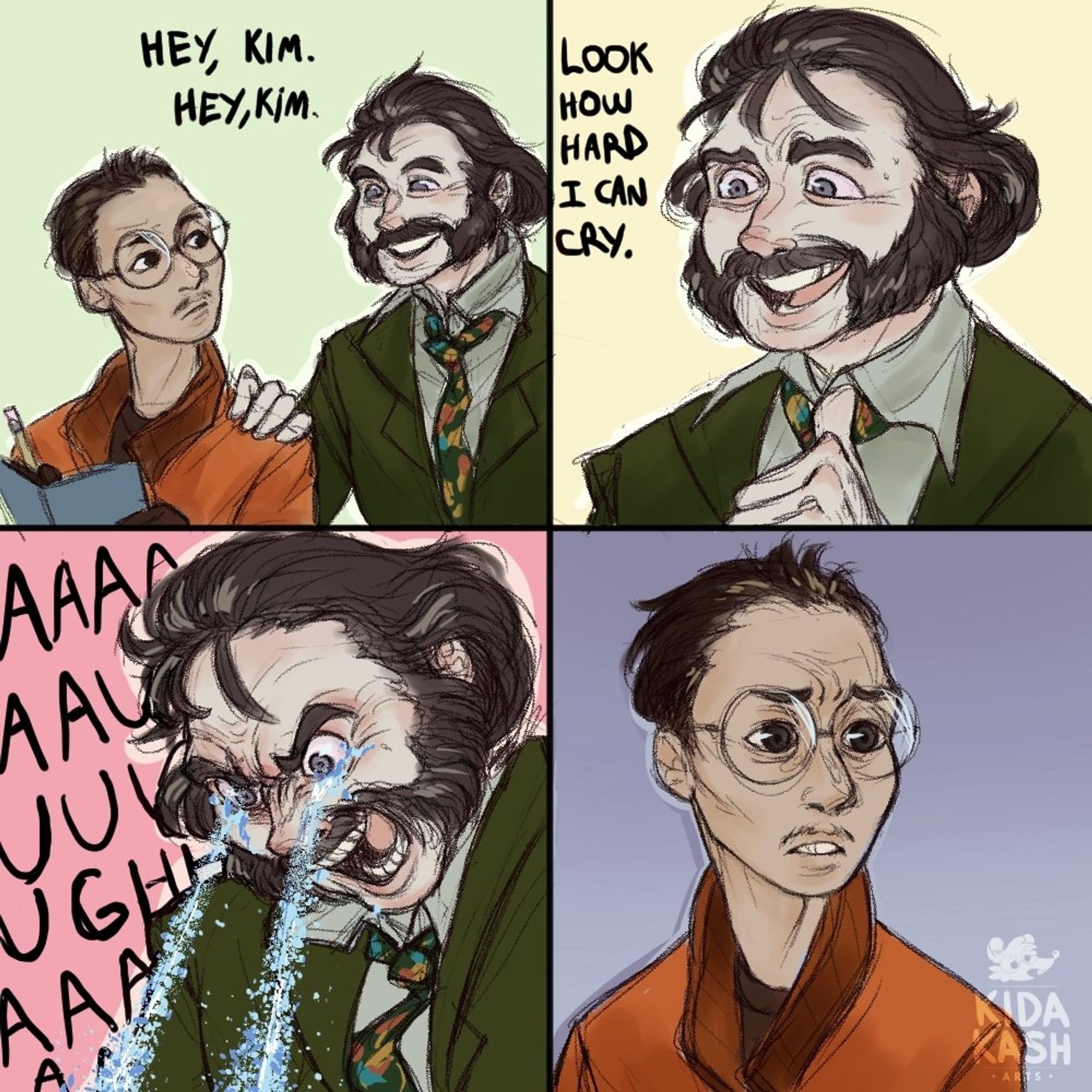 4 panel comic with the characters HDB and Kim from Disco Elysium.

Panel 1: HDB: hey kim.
Panel 2: HDB: look how hard I can cry.
Panel 3: HDB cries so hard streams of tears shoot from his eyes.
Panel 4: Kim looks in disgust/worry.