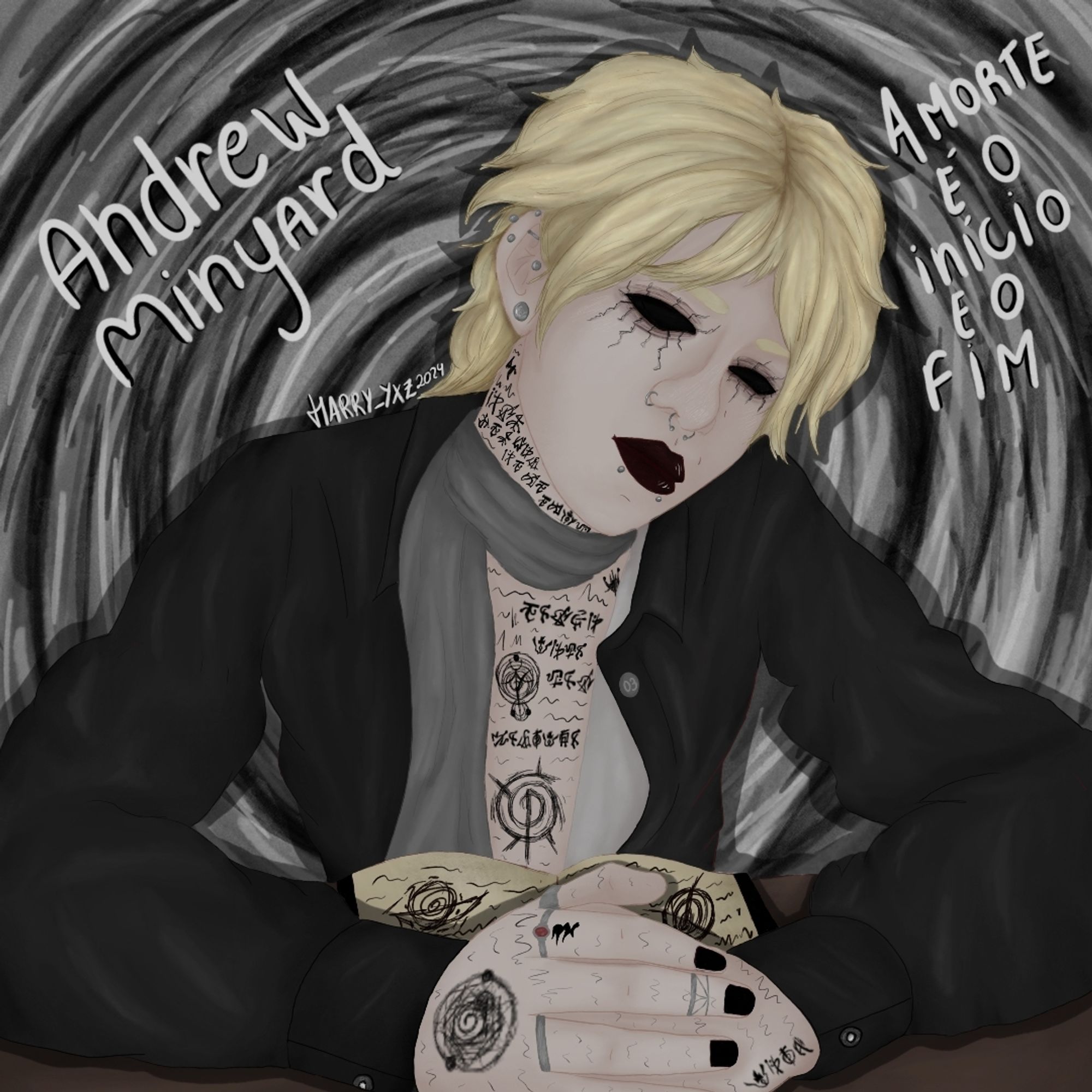 Uma fanart do personagem Andrew Minyard da série de livros All for the game misturado com elementos de Morte de Ordem paranormal rpg. 
É um homem branco e loiro, com diversas tatuagens e sigilos do outro lado, seus olhos estão pretos, usa batom preto, tem diversos piercings prata: dois no lábio interior, dois no nariz ( septo e lateral) três na orelha e mais um alargador.
De fundo são espirais em tons de cinza preto e branco.