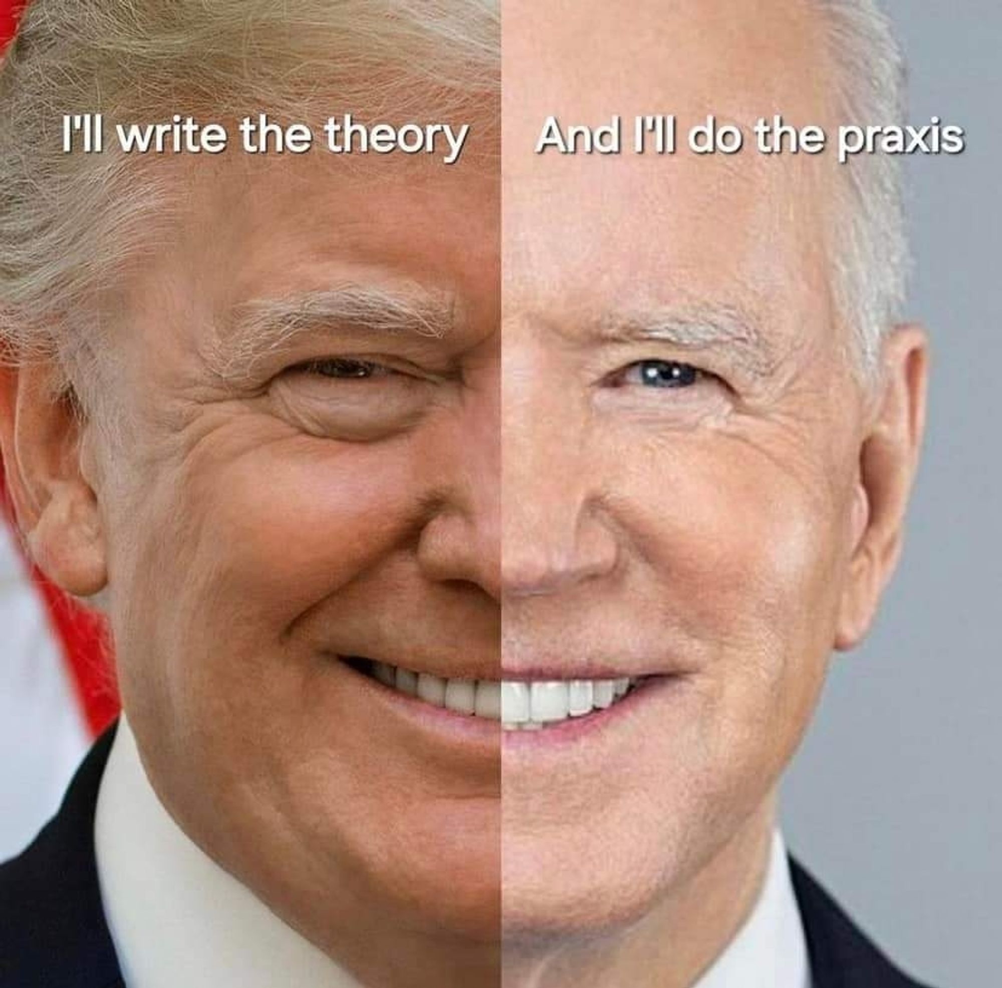 An image with Trump and Biden's face spliced together saying "I'll write the theory" "I'll do the praxis"