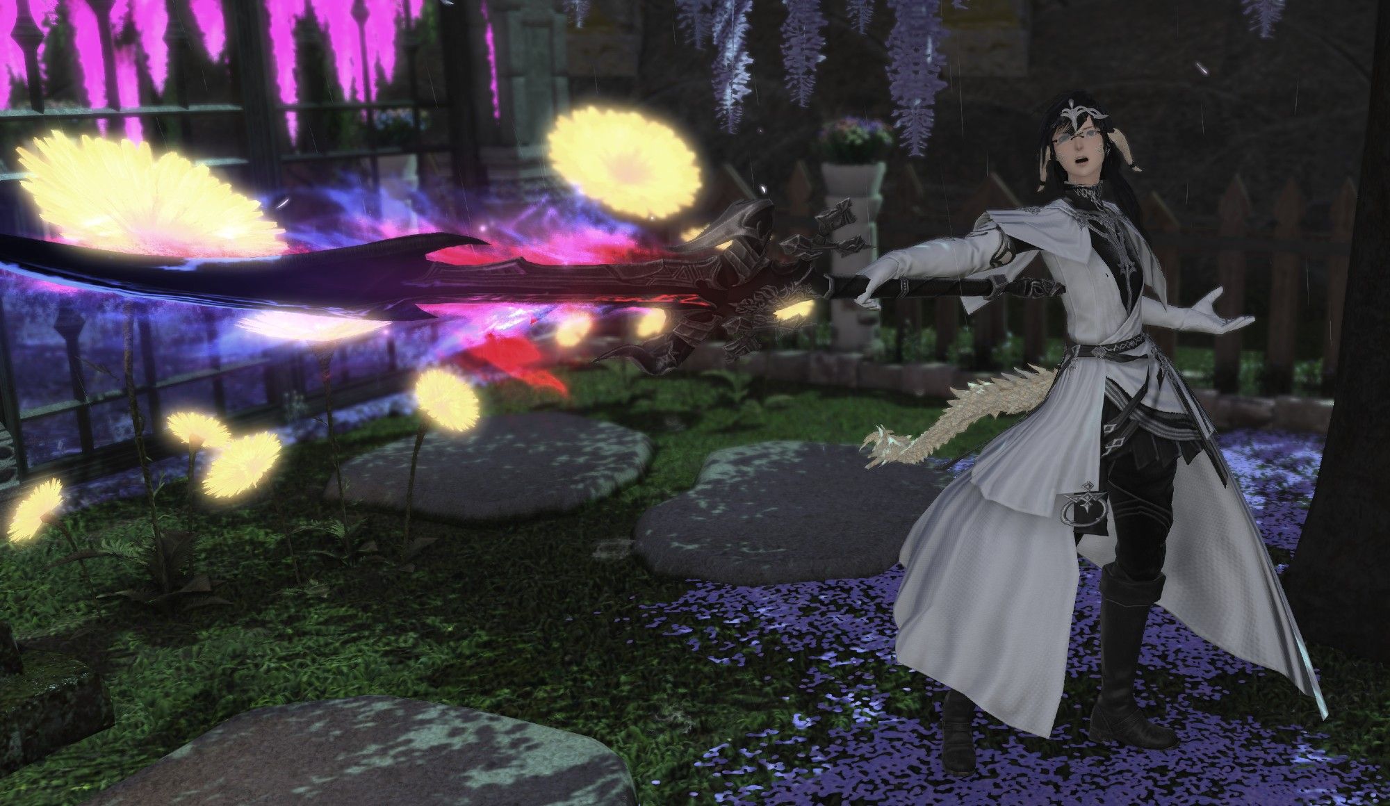 that same au ra with a greatswords pointed forwards, wearing a fancy outfit. you can see the same tree with some stepping stones and a garden gate leading into some grass in the background