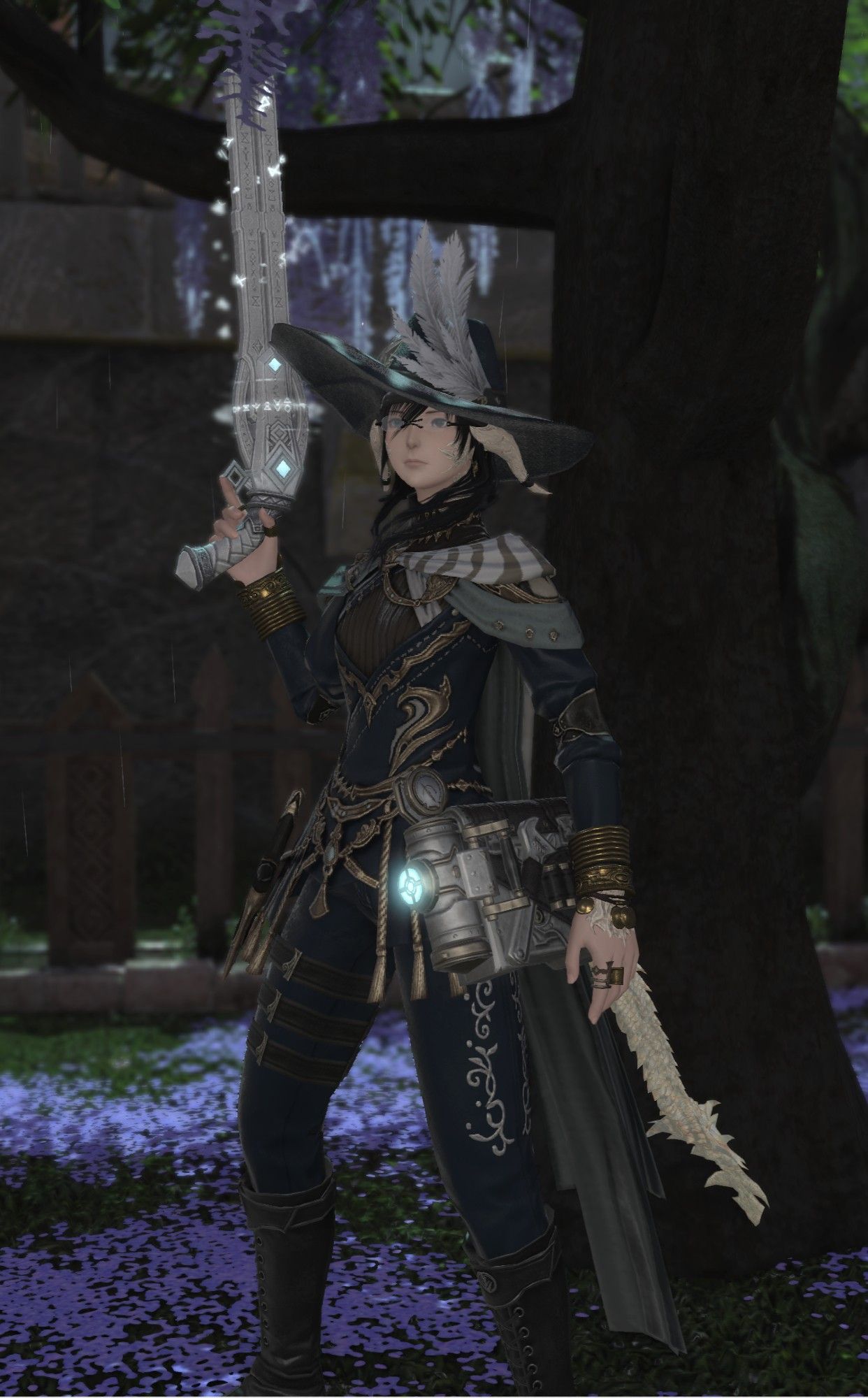 An Au Ra from FFXIV standing in front of a tree, they have a white gun with sparkles pointing upwards