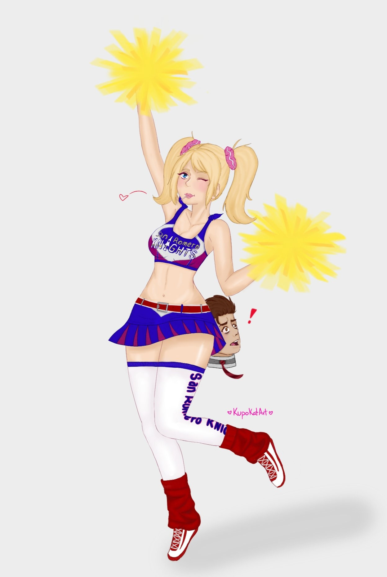 Juliet Starling from Lollipop Chainsaw doing a cheerleading pose while her boyfriend, a head on her hip, is a scaredy cat