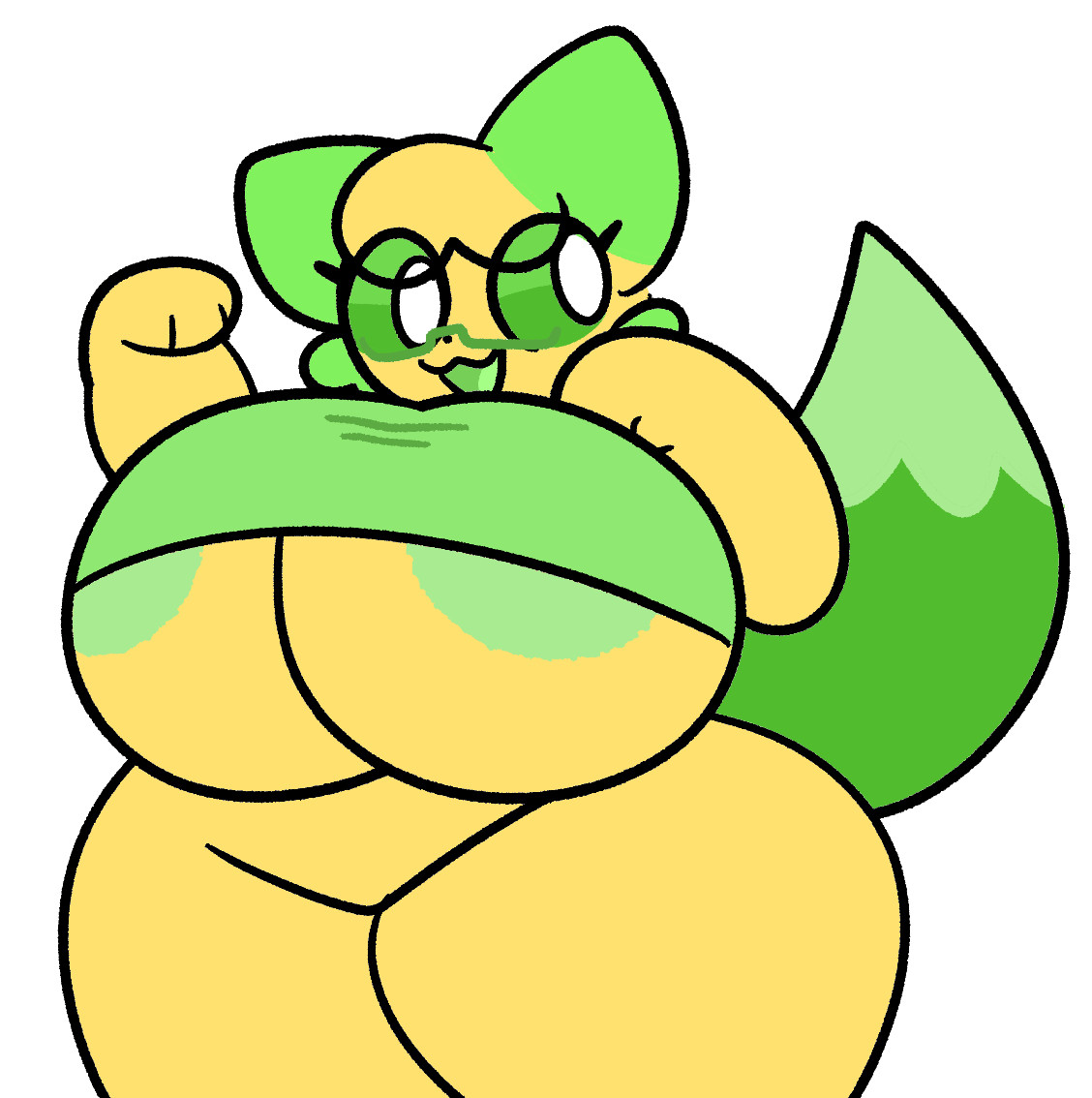 A voluptuous Femquill wearing a top many sizes too small