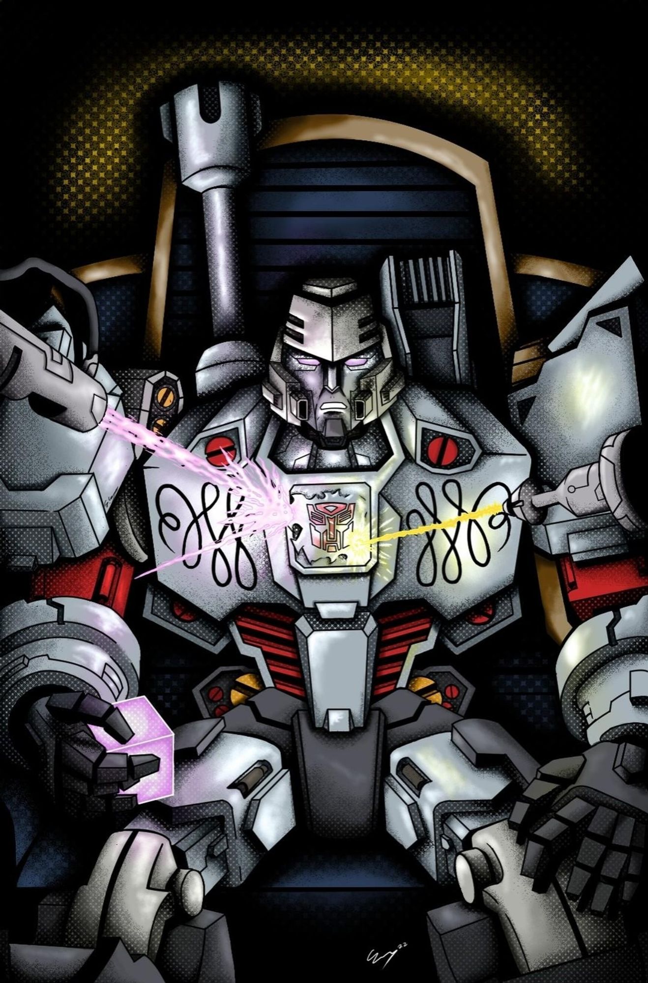 A drawing of Megatron, holding an emerging cube, having Bumblebee's Autobot emblem welded to his chest