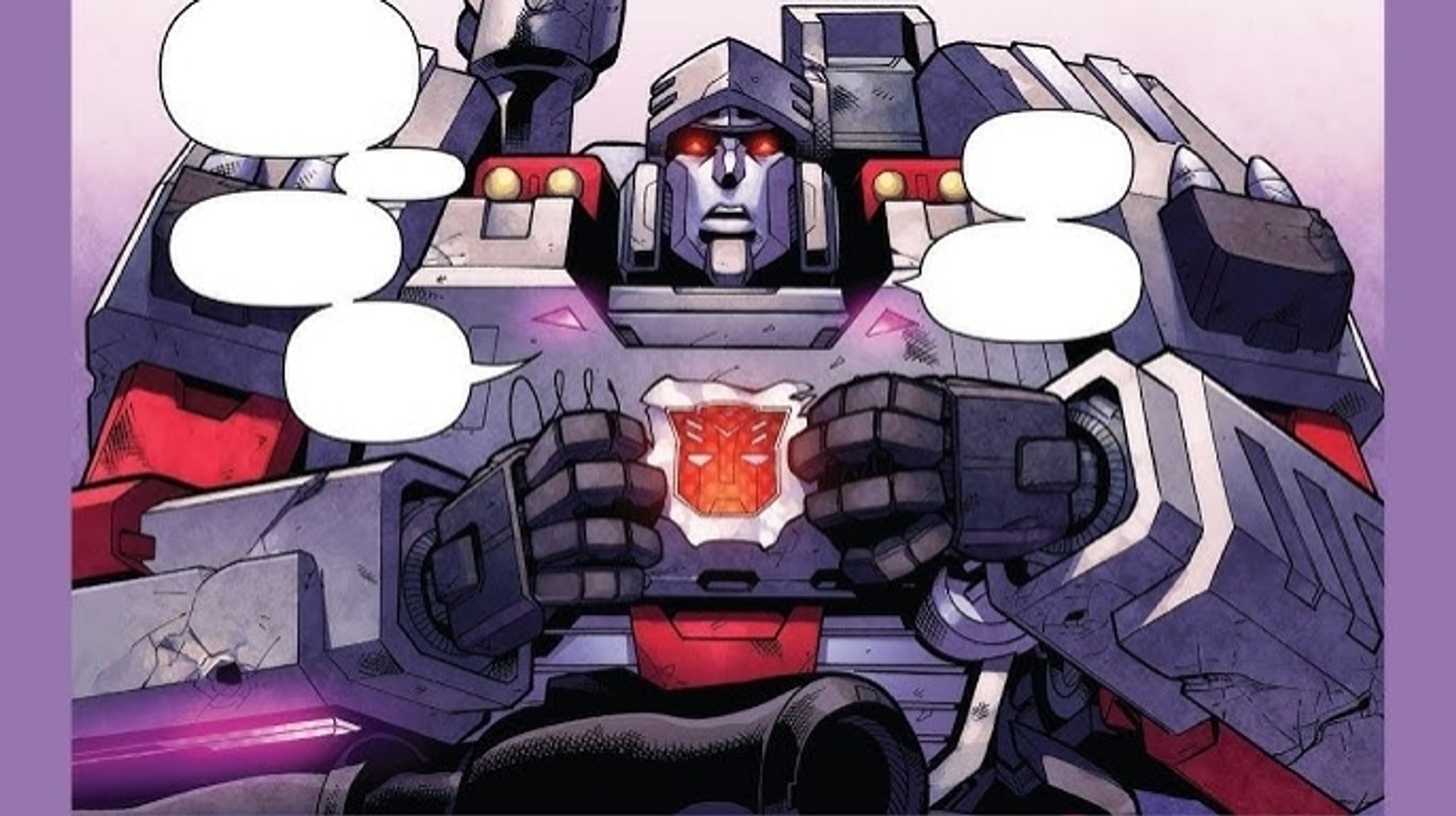 A comic panel of Megatron holding an Autobot logo over his old one.