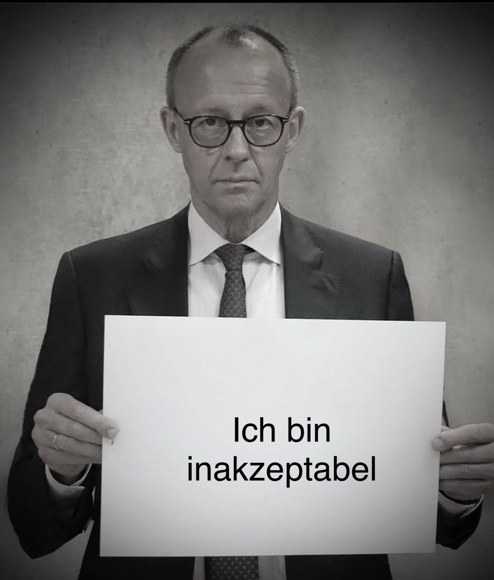 Friedrich Merz mit einem Plakat auf dem steht: Ich bin inakzeptabel.